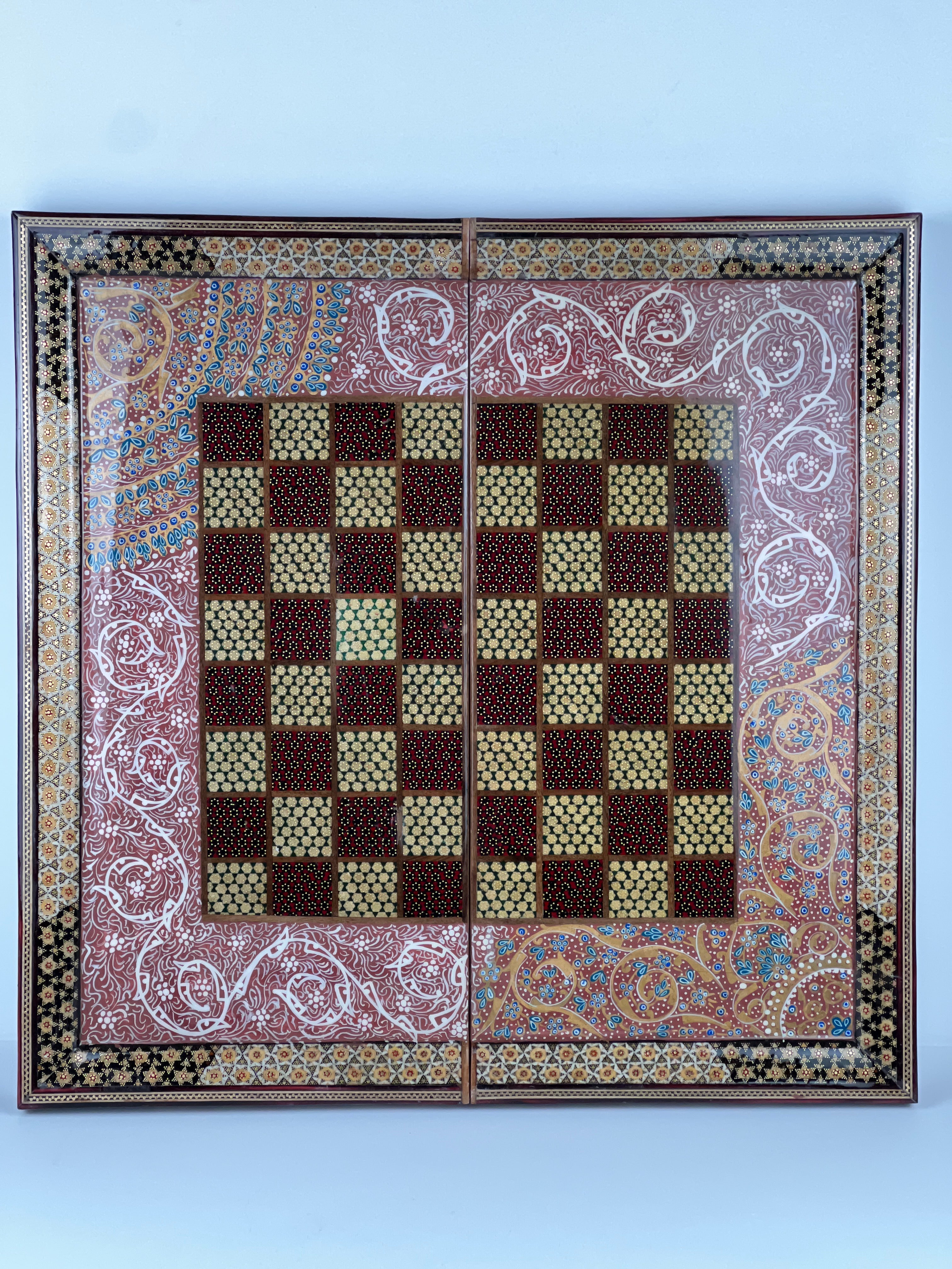 Backgammon & Chess Board - Size 50 - With Columns - Tazhib Painting