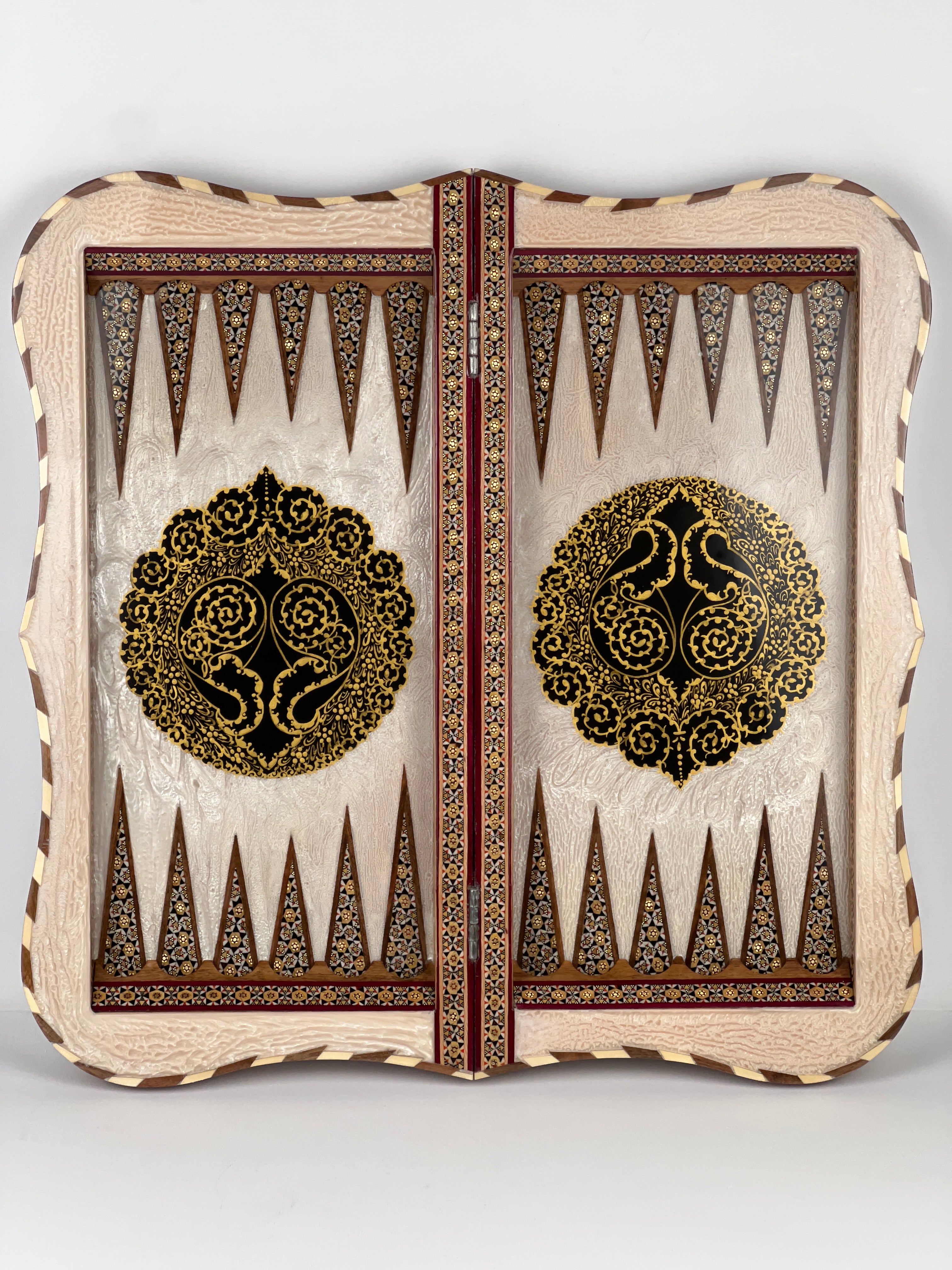 Backgammon & Chess Board - Full Khatam - Size 50 - Wavy Edge - Polo Scene - Siyah Qalam Style