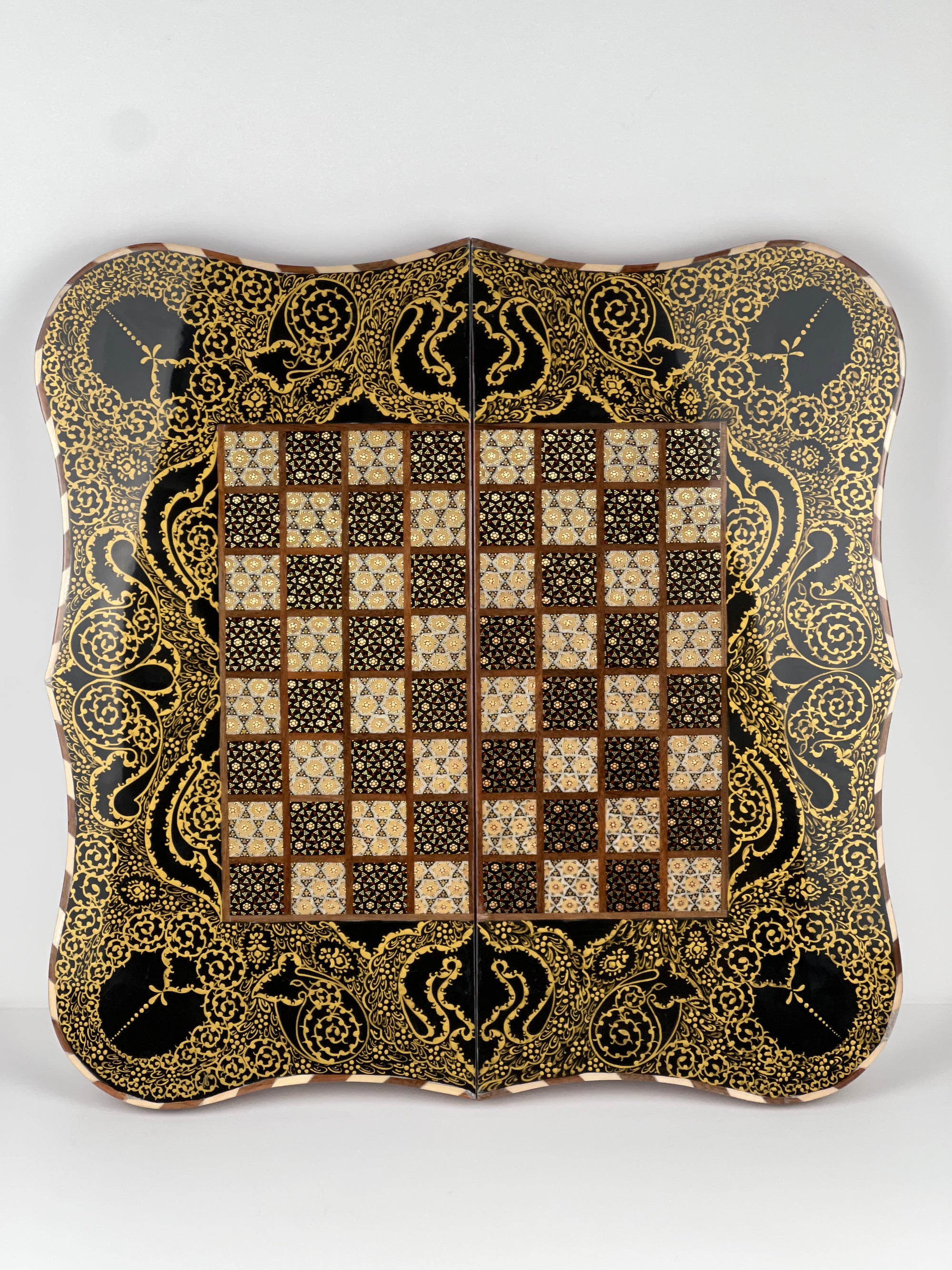 Backgammon & Chess Board - Full Khatam - Size 50 - Wavy Edge - Polo Scene - Siyah Qalam Style