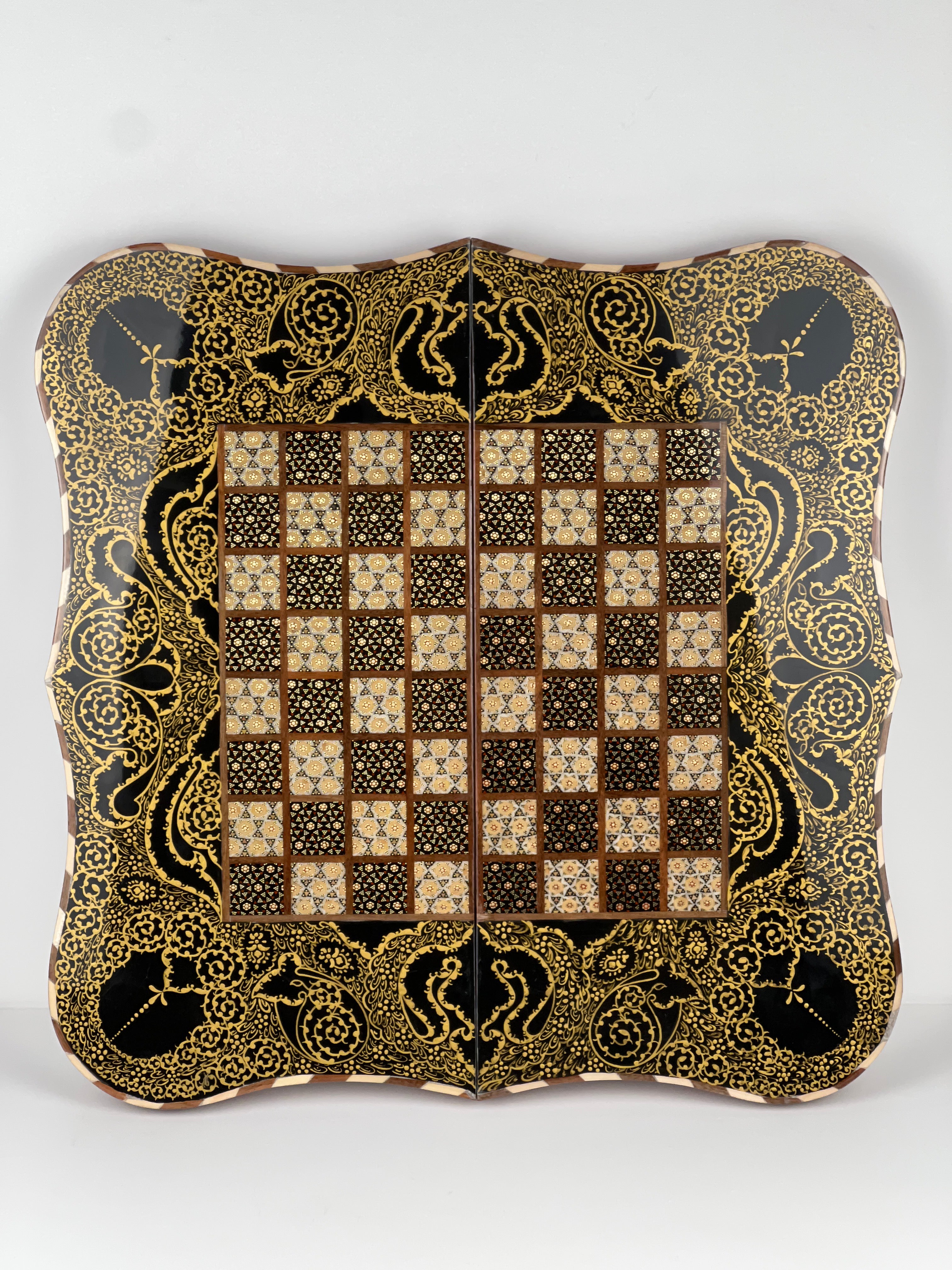 Backgammon & Chess Board - Full Khatam - Size 50 - Wavy Edge - Polo Scene - Siyah Qalam Style