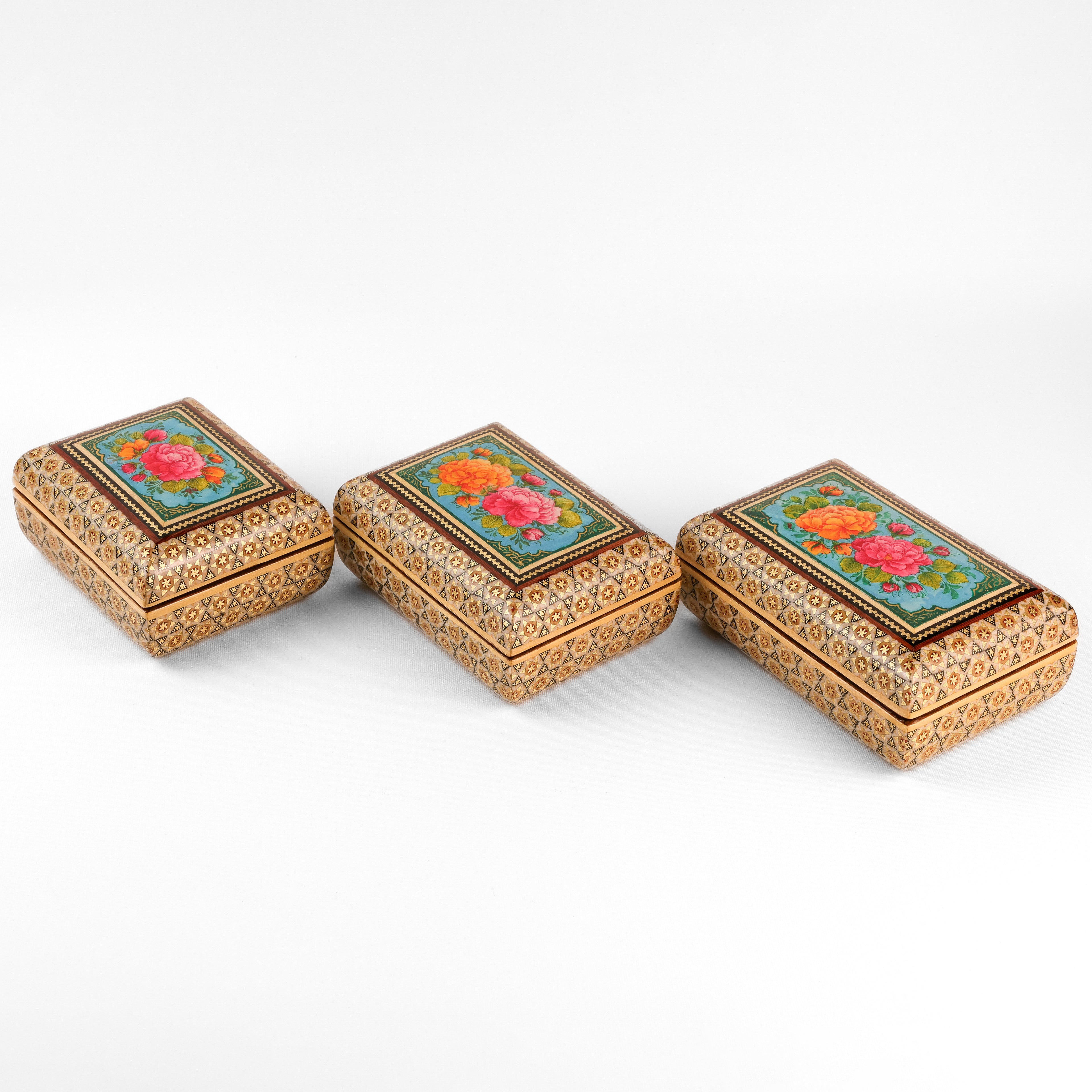 Jewelry Box - Full Bone Khatam with Tazhib Painting Lid - Size 3