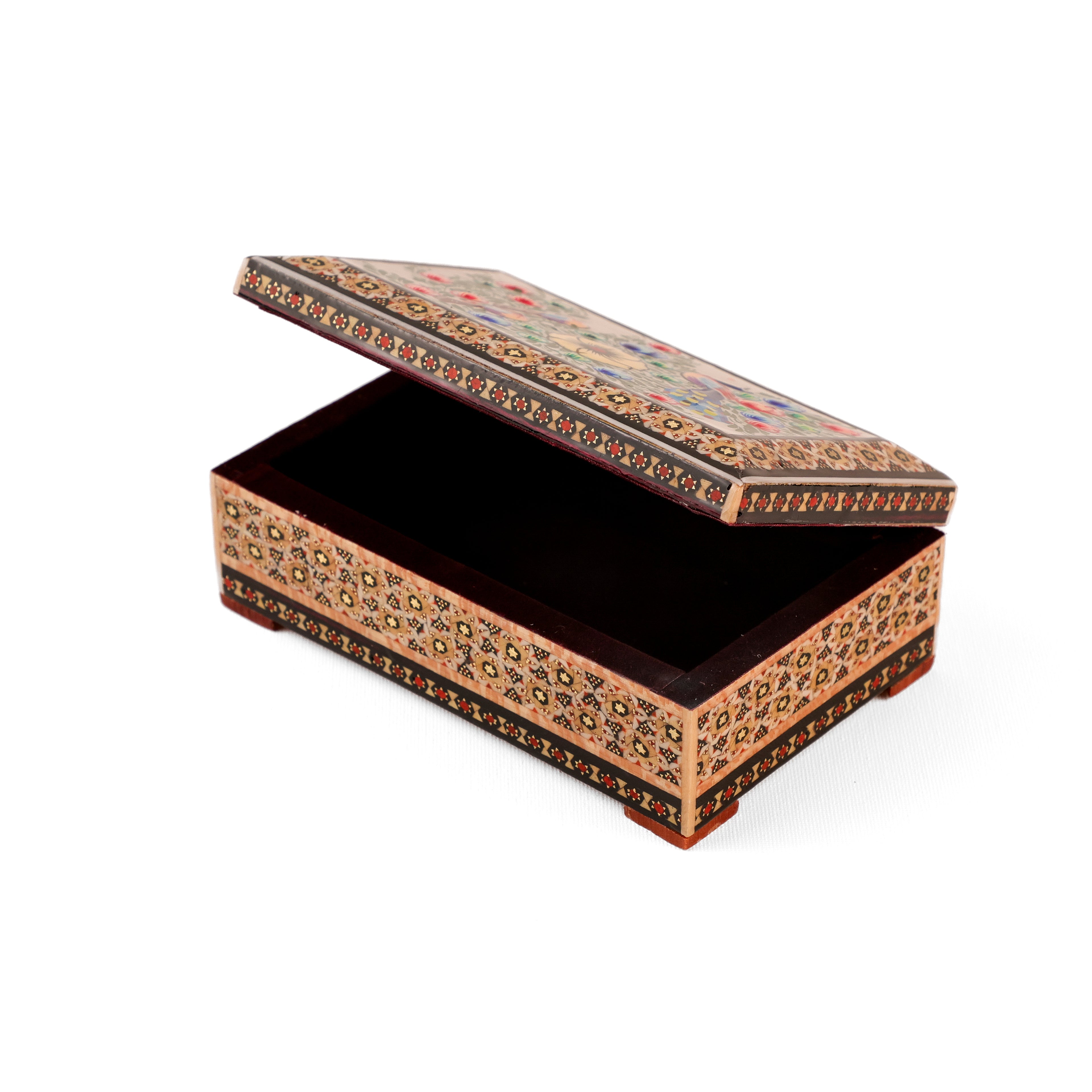 Jewelry Box - Small - Wooden Khatam with Hand-Painted Flower & Bird Lid