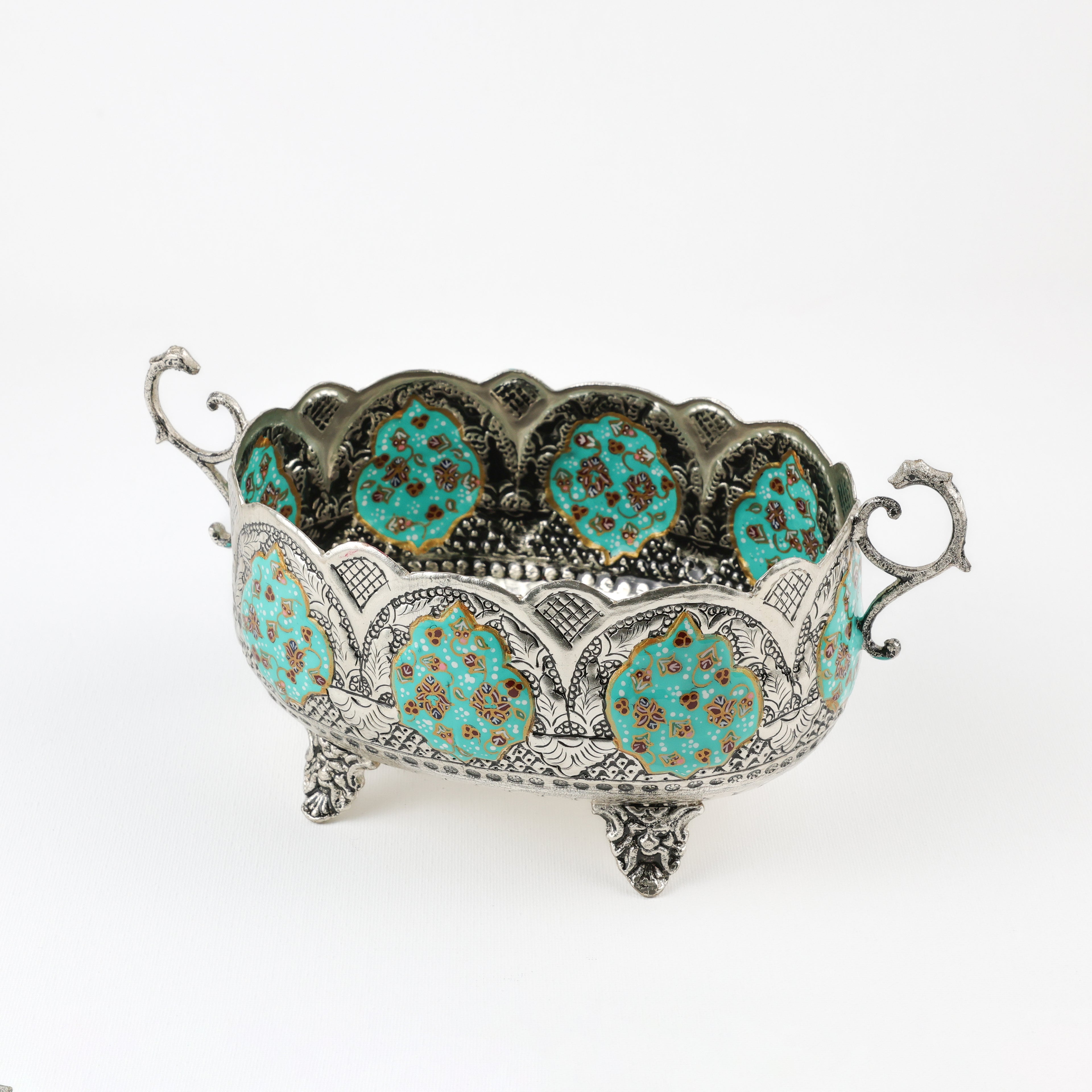 Keshkool Bowl - Copper & Mina - Short Pedestal - Tazhib with Portrait