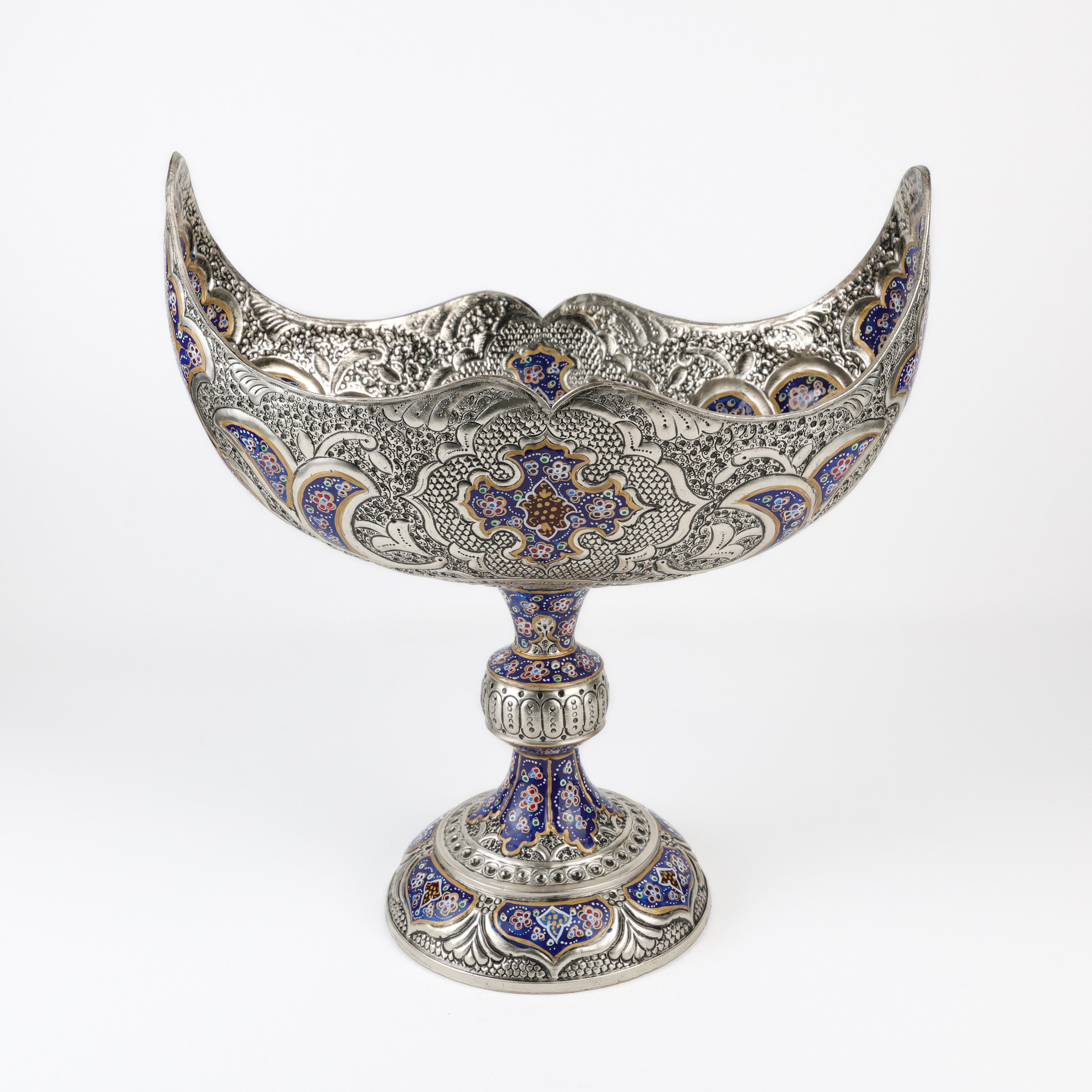 Keshkool Bowl with Pedestal - Size 22 - Copper & Mina - Tazhib Design - Flared Rim