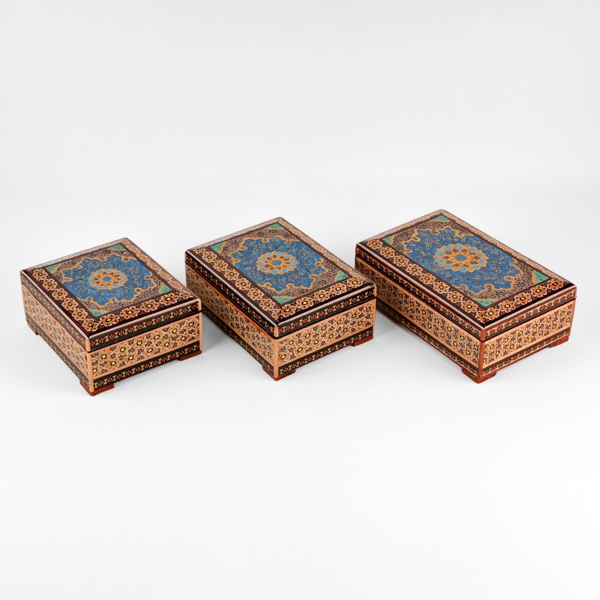 Jewelry Box - Small - Wooden Khatam with Hand - Painted Tazhib Lid - Meraas Gallery