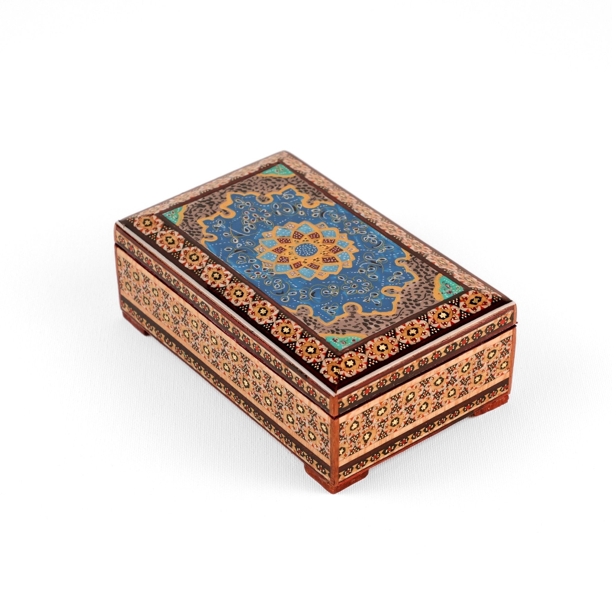 Jewelry Box - Small - Wooden Khatam with Hand - Painted Tazhib Lid - Meraas Gallery