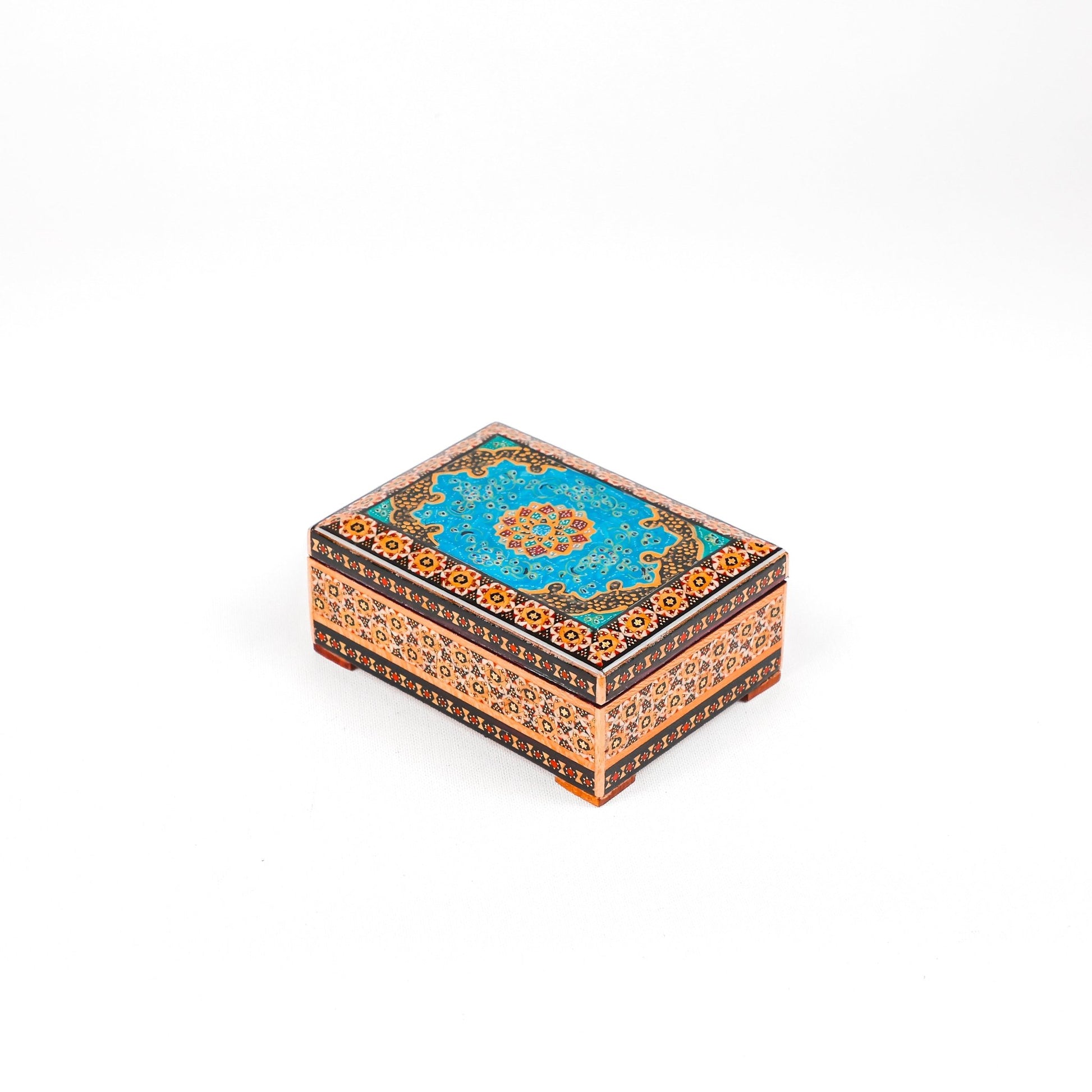 Jewelry Box - Medium - Wooden Khatam with Hand - Painted Tazhib Lid - Meraas Gallery