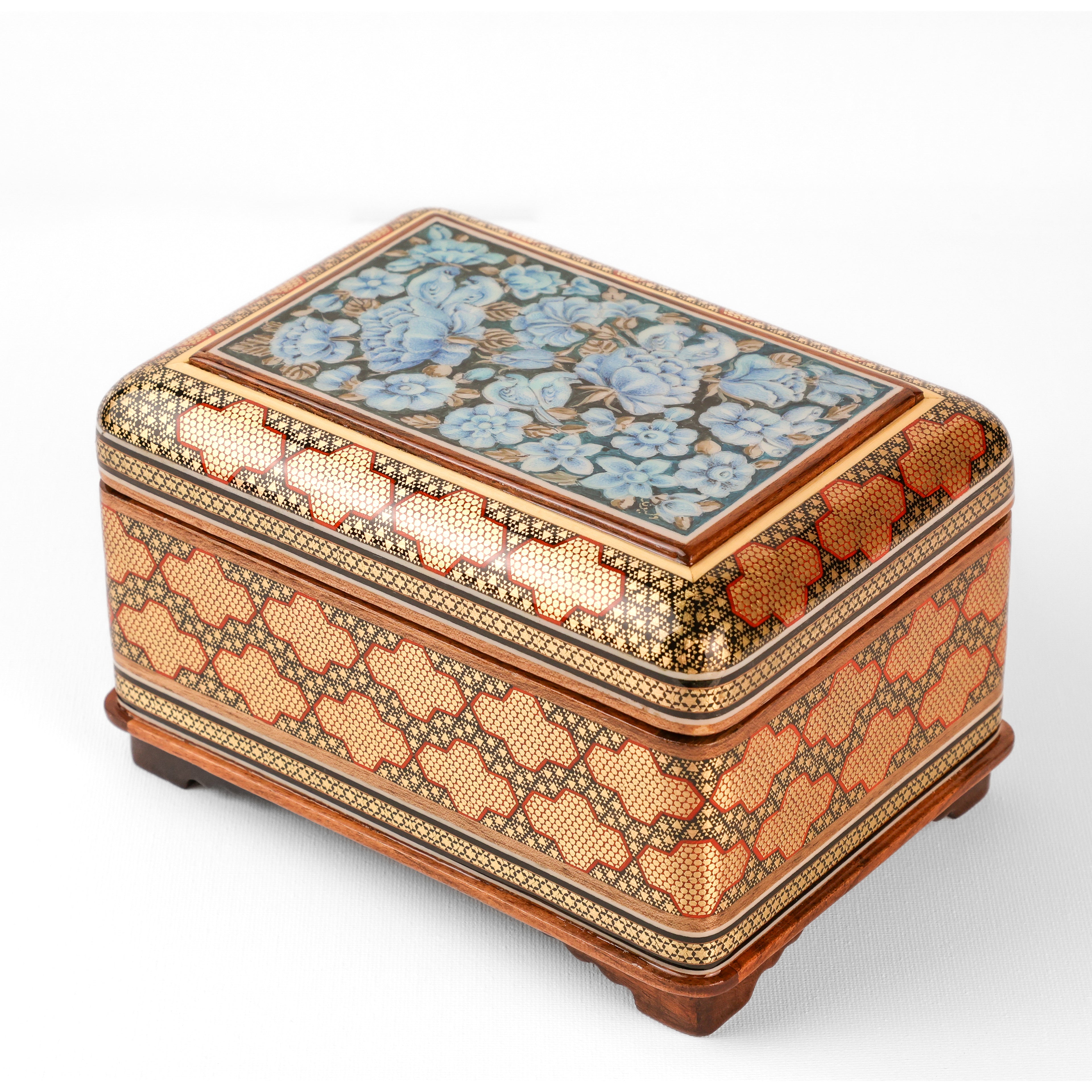 Jewelry Box - 8-Sided - Full Khatam with Tazhib and Flower & Bird Painting - Small