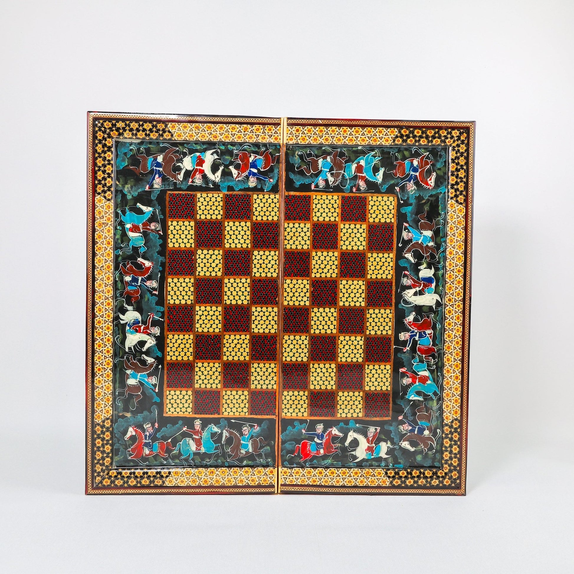 Backgammon & Chess Board - Size 50 - With Columns - Polo Scene Painting - 01 - Meraas Gallery