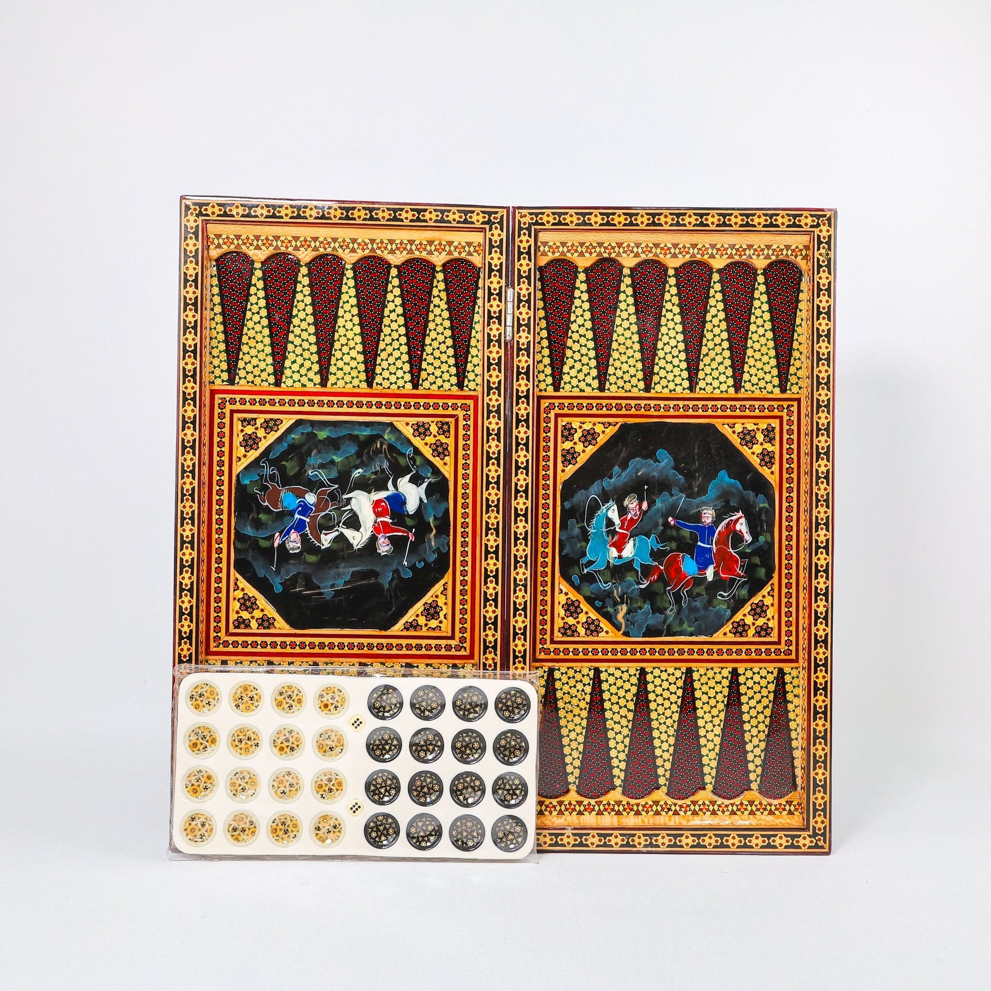 Backgammon & Chess Board - Size 50 - With Columns - Polo Scene Painting - 01 - Meraas Gallery