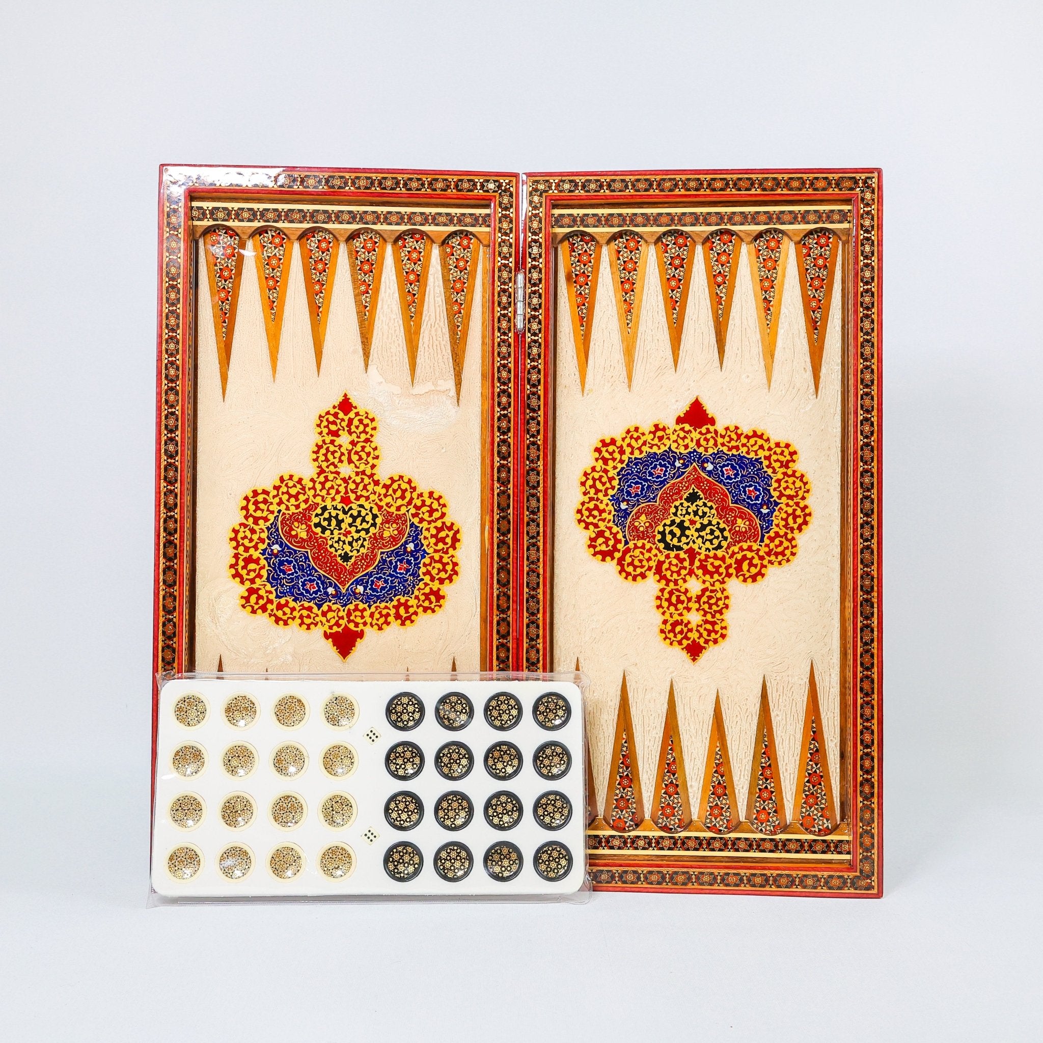 Backgammon & Chess Board - Colorful Hand - Carved - Round Edge - Code 11 - Meraas Gallery