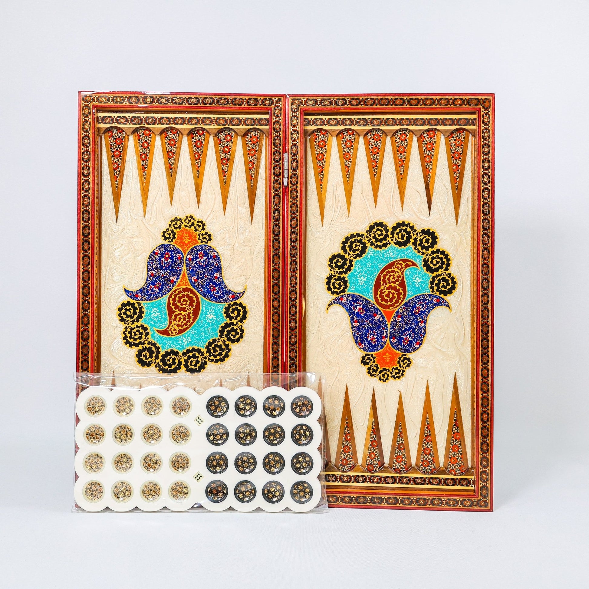 Backgammon & Chess Board - Colorful Hand - Carved - Round Edge - Code 12 - Meraas Gallery