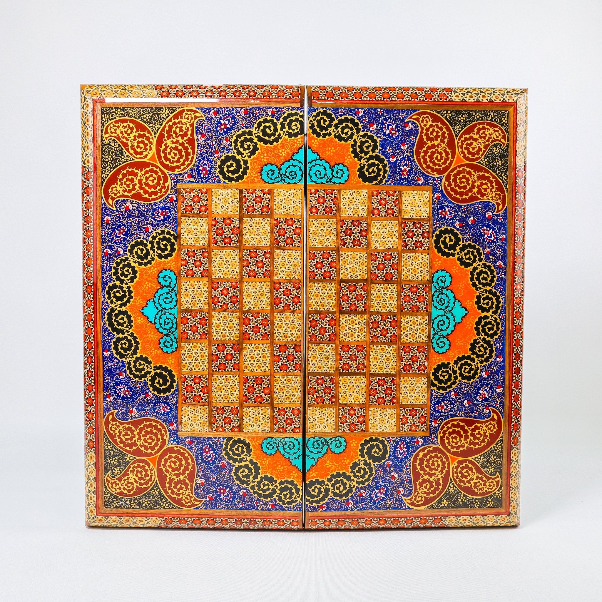 Backgammon & Chess Board - Colorful Hand - Carved - Round Edge - Code 12 - Meraas Gallery