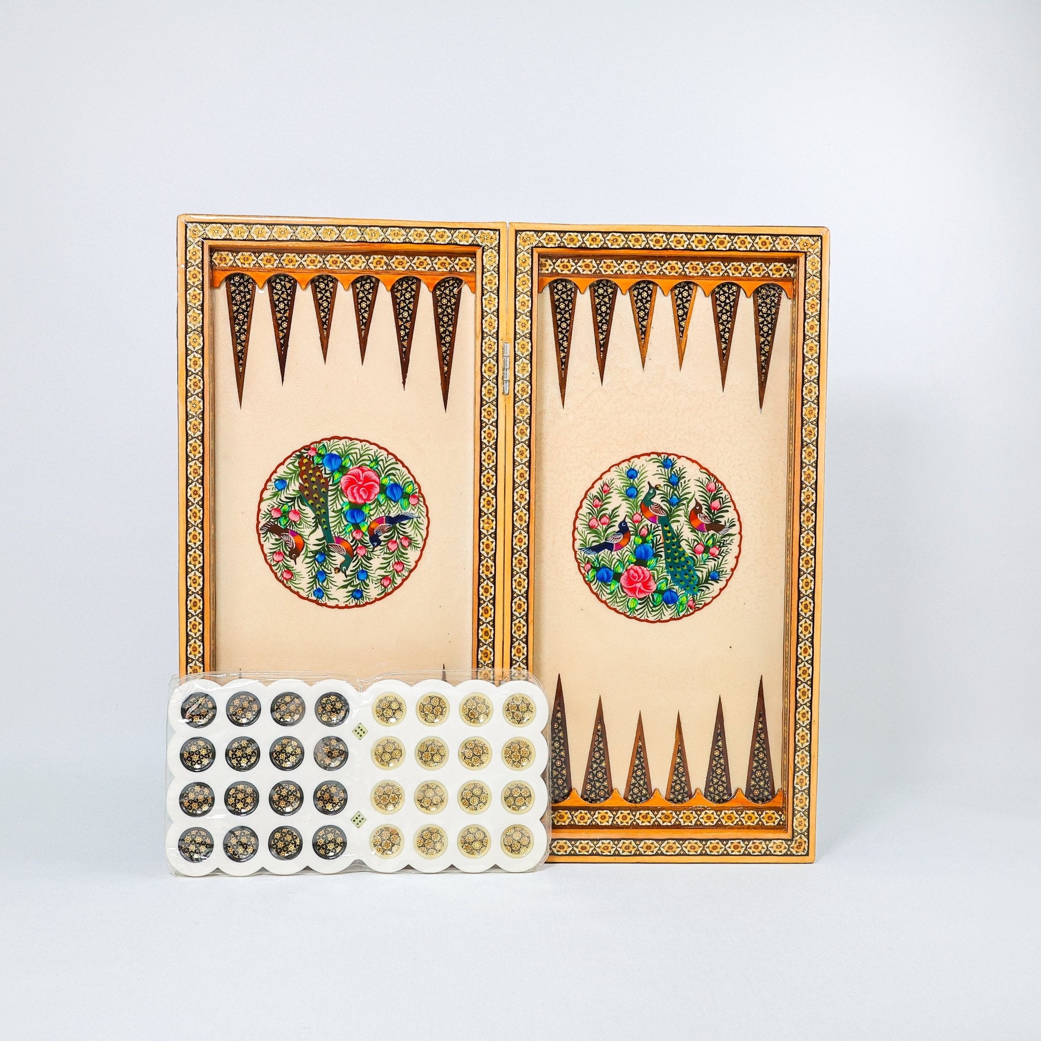 Backgammon & Chess Board - Size 50 - Round Edge - Mother - of - Pearl with Flower & Bird - Khatam - 01 - Meraas Gallery