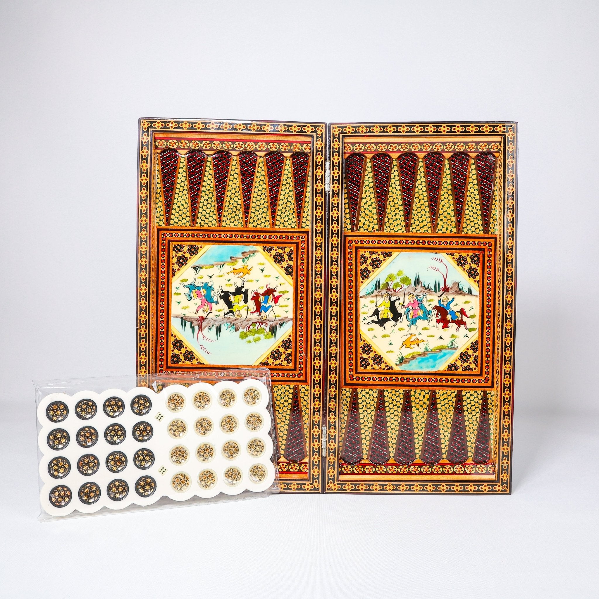 Backgammon & Chess Board - Size 50 - Round Edge - Mother - of - Pearl with Flower & Bird - Khatam - 04 - Meraas Gallery