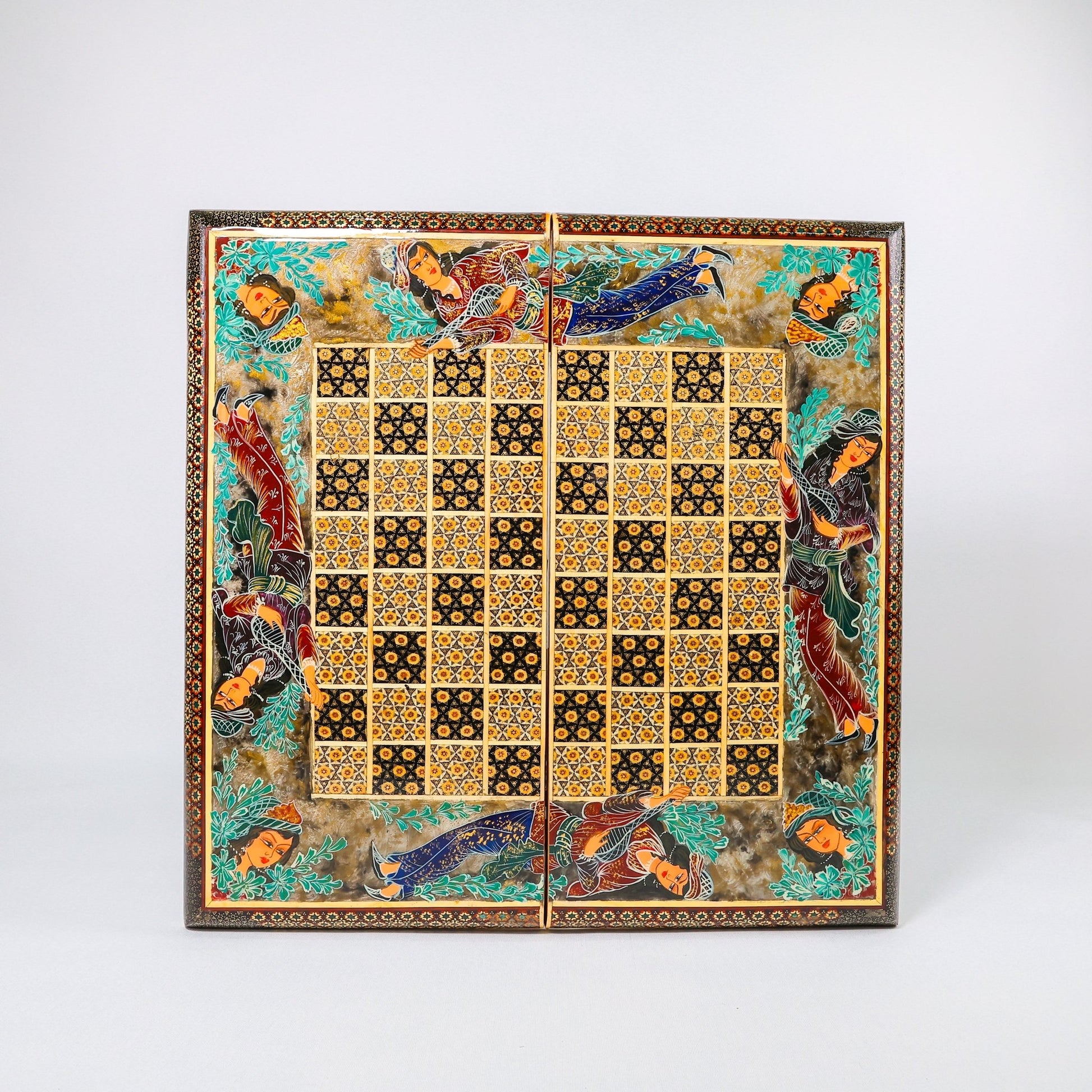 Backgammon & Chess Board - Size 50 - Stepped Design - Premium Mother - of - Pearl with Painting Inside - Meraas Gallery