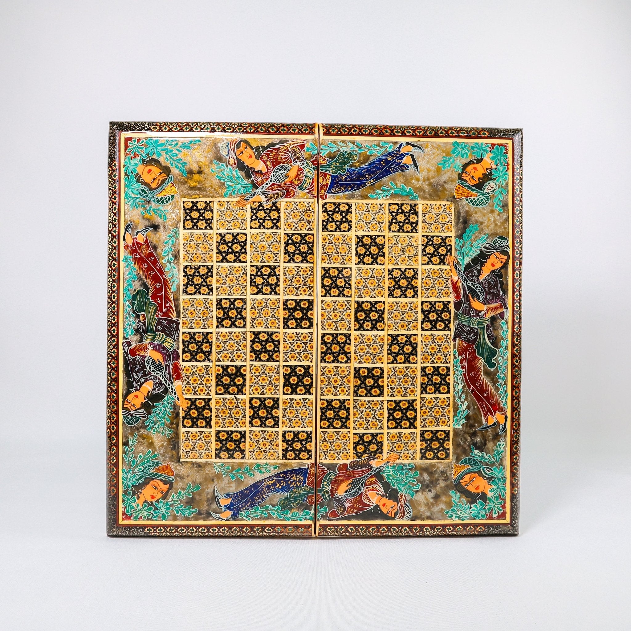 Backgammon & Chess Board - Size 50 - Stepped Design - Premium Mother - of - Pearl with Painting Inside - Meraas Gallery