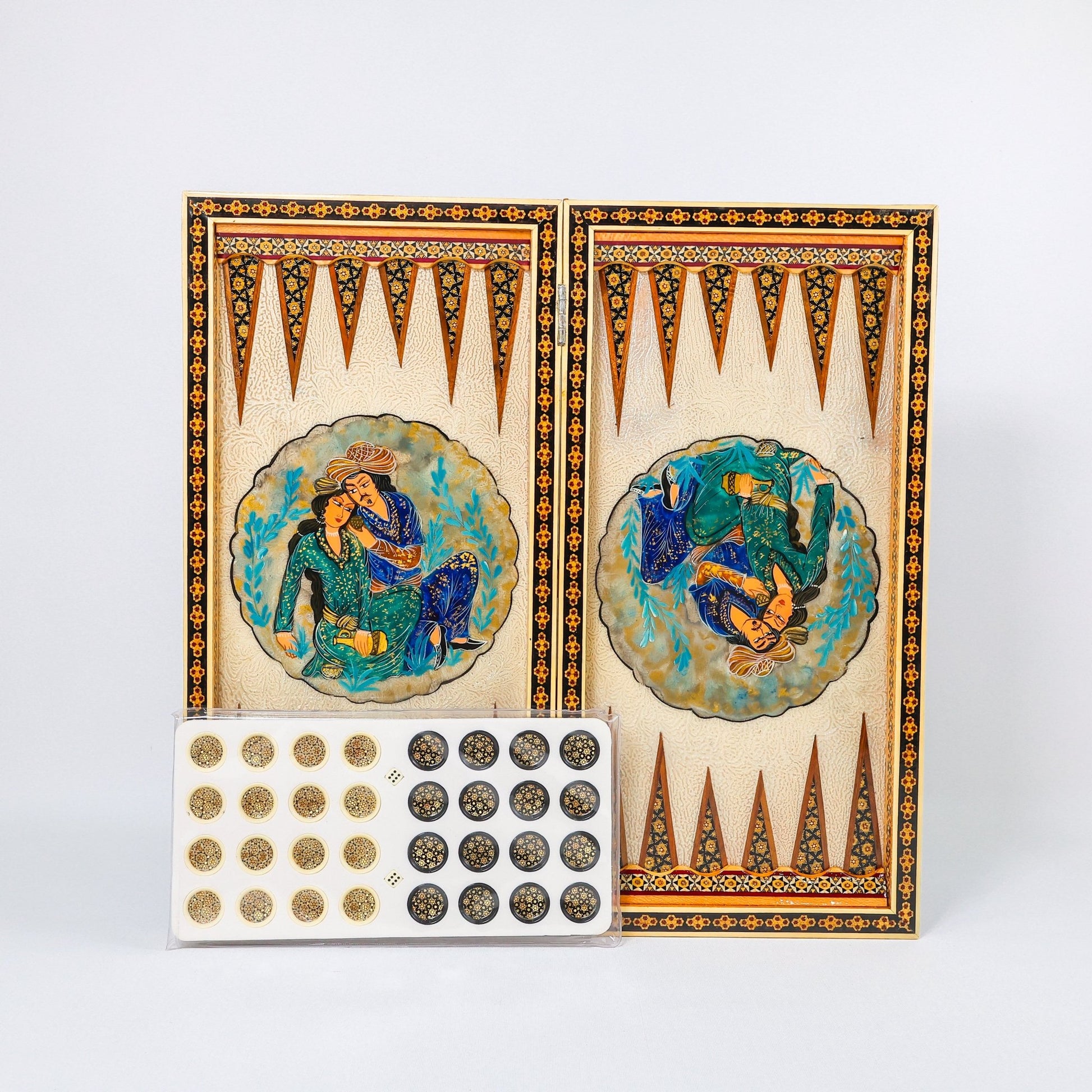Backgammon & Chess Board - Size 50 - Stepped Design - Premium Mother - of - Pearl with Painting Inside - Meraas Gallery