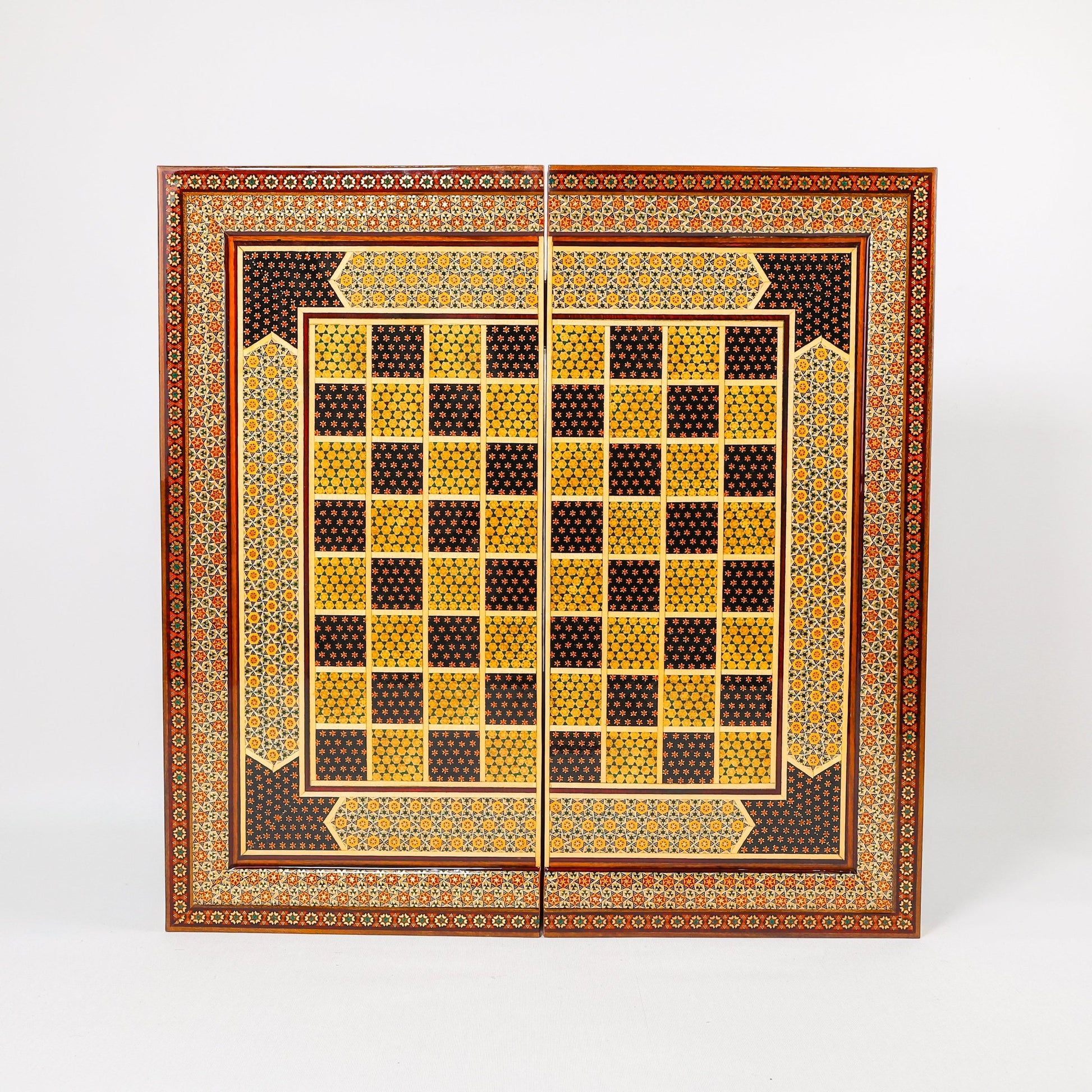 Backgammon & Chess Board - Size 50 - Column Design - Mother - of - Pearl Inside - Khatam with Eslimi Motif - 02 - Meraas Gallery