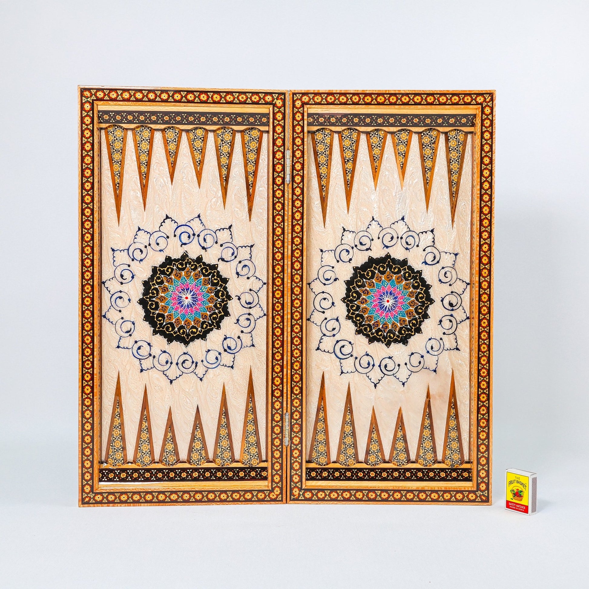 Backgammon & Chess Board - Size 50 - Column Design - Mother - of - Pearl Inside - Khatam with Eslimi Motif - 02 - Meraas Gallery