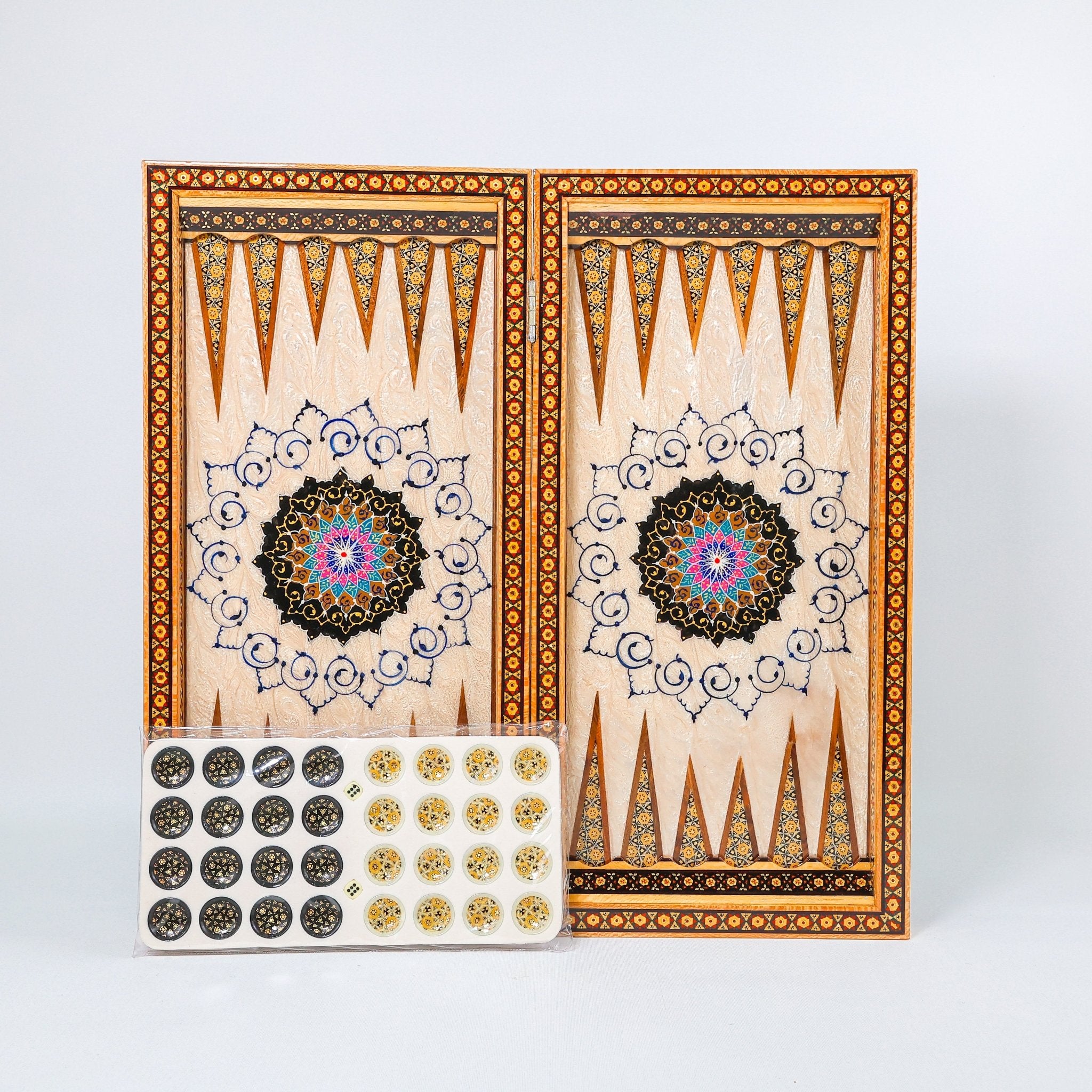 Backgammon & Chess Board - Size 50 - Column Design - Mother - of - Pearl Inside - Khatam with Eslimi Motif - 02 - Meraas Gallery