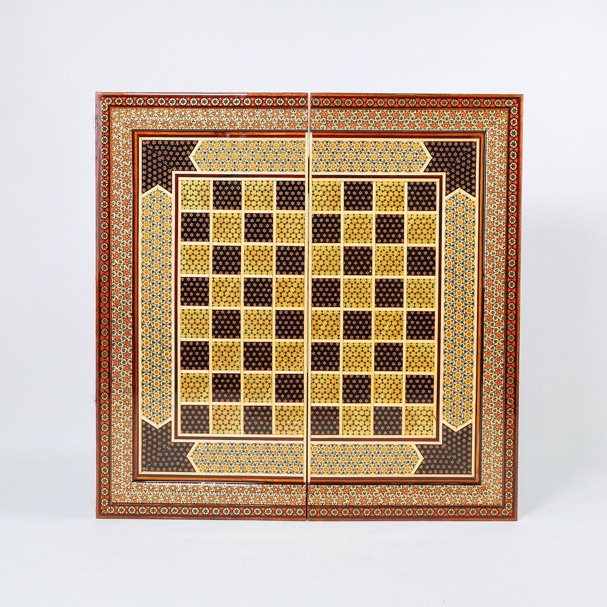 Backgammon & Chess Board - Size 50 - Column Design - Mother - of - Pearl Inside - Khatam with Eslimi Motif - 03 - Meraas Gallery