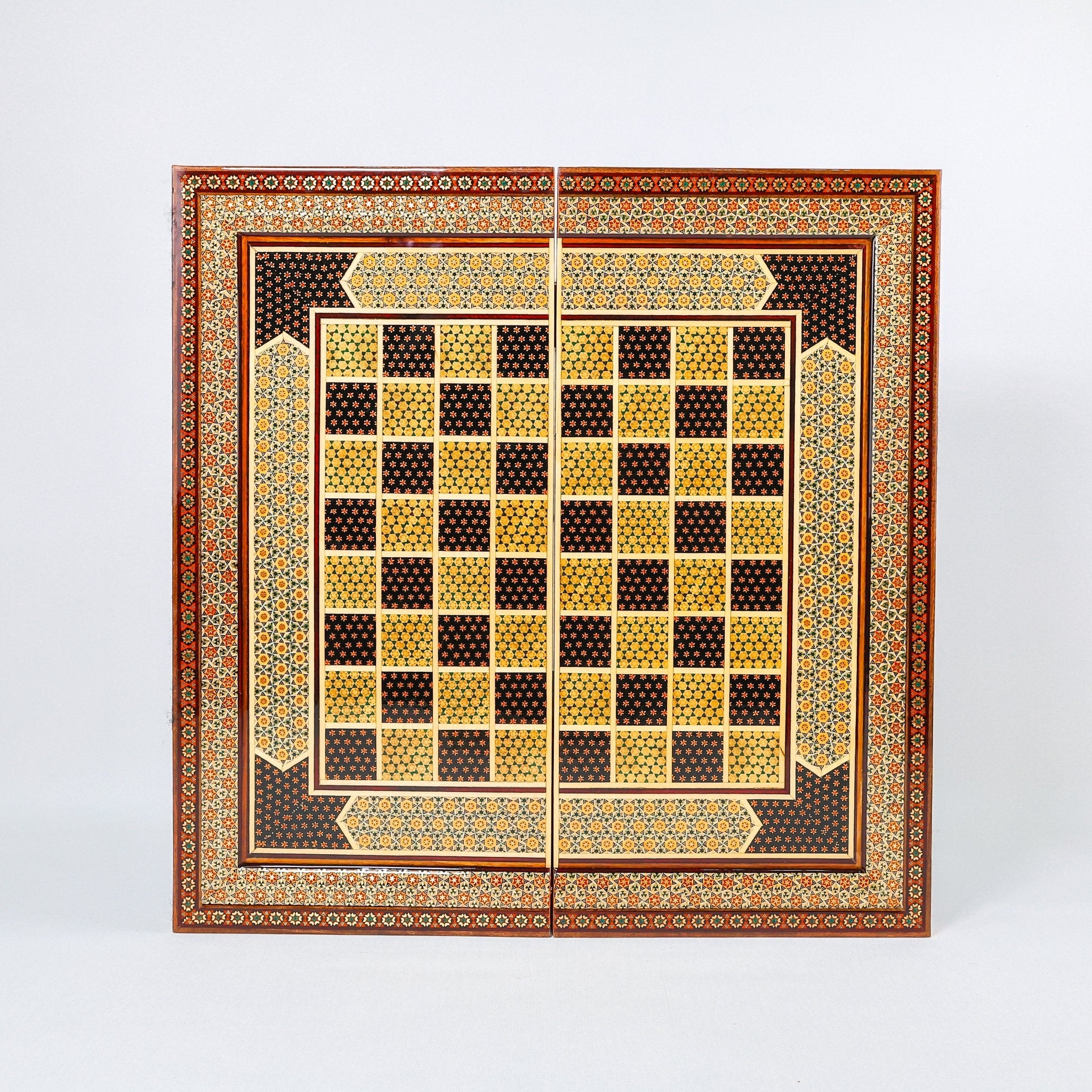 Backgammon & Chess Board - Size 50 - Column Design - Mother - of - Pearl Inside - Khatam with Eslimi Motif - 03 - Meraas Gallery