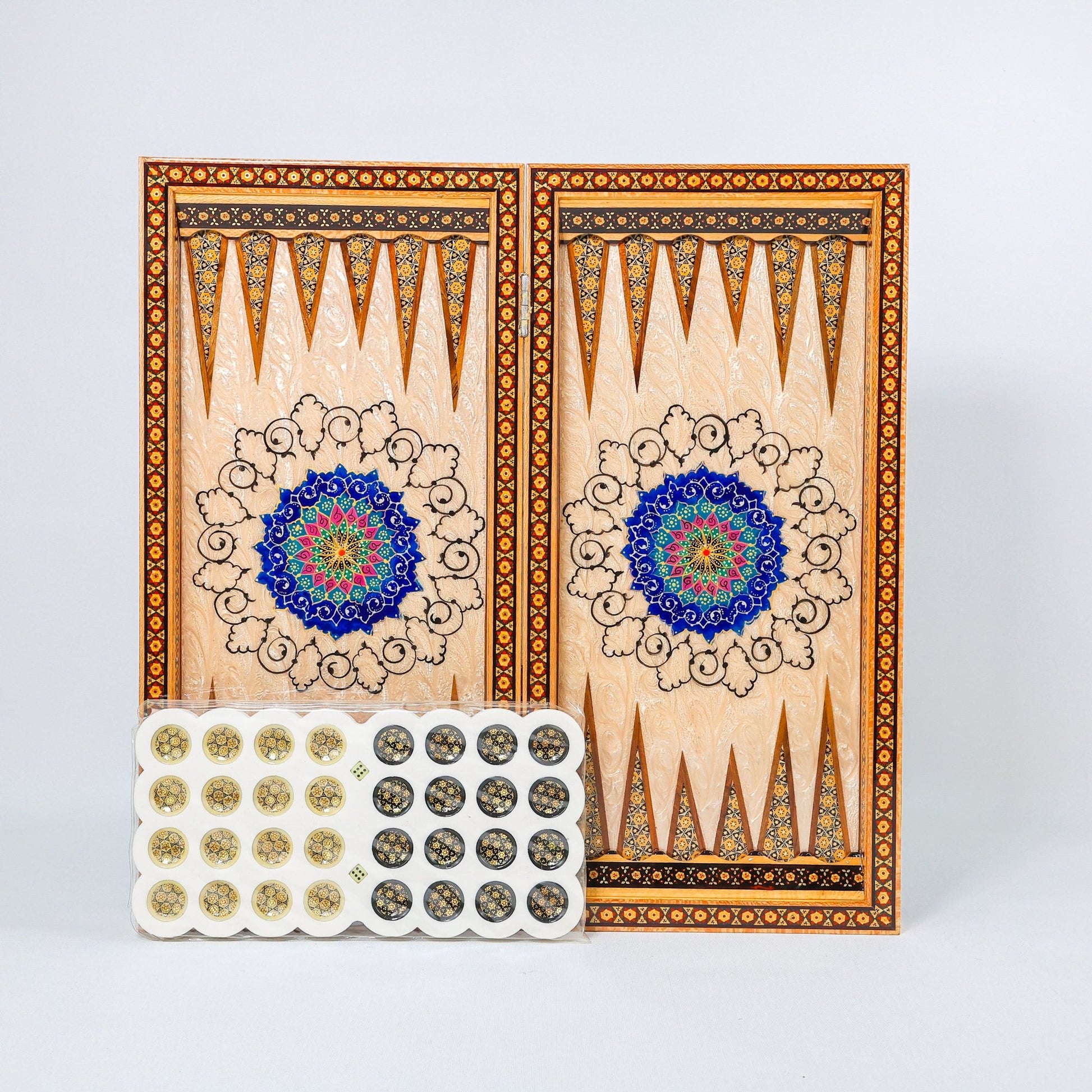Backgammon & Chess Board - Size 50 - Column Design - Mother - of - Pearl Inside - Khatam with Eslimi Motif - 03 - Meraas Gallery
