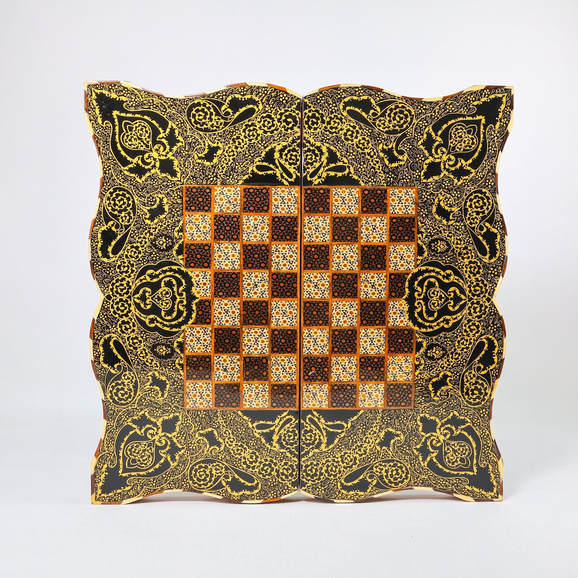 Backgammon & Chess Board - Full Khatam - Size 50 - Wavy Edge - Polo Scene - Siyah Qalam Style - 02 - Meraas Gallery