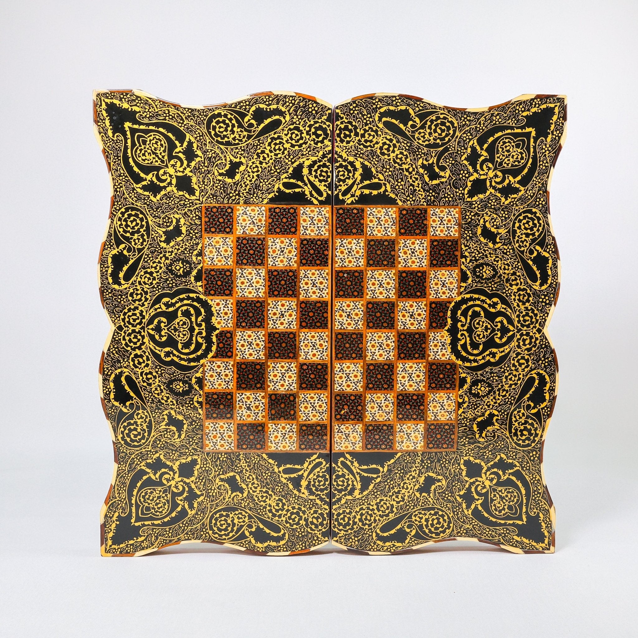 Backgammon & Chess Board - Full Khatam - Size 50 - Wavy Edge - Polo Scene - Siyah Qalam Style - 02 - Meraas Gallery