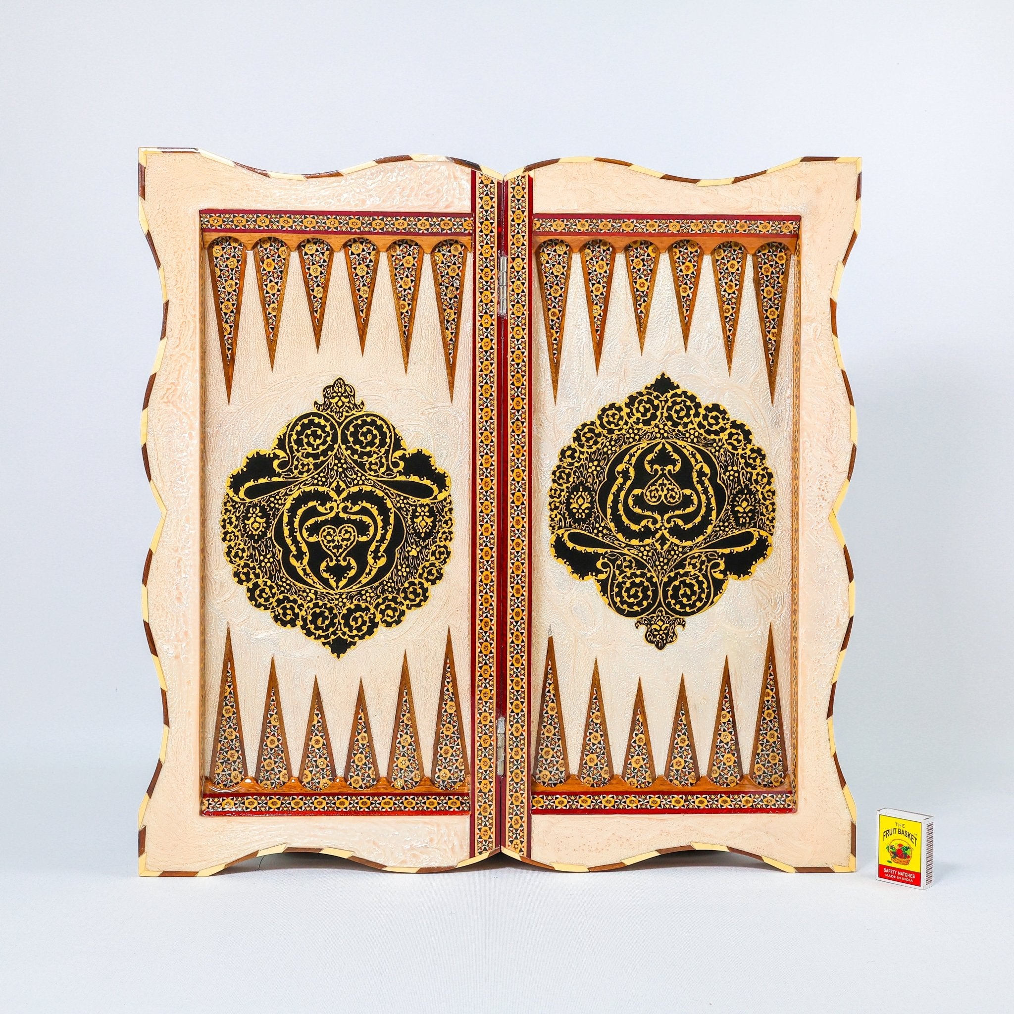 Backgammon & Chess Board - Full Khatam - Size 50 - Wavy Edge - Polo Scene - Siyah Qalam Style - 02 - Meraas Gallery