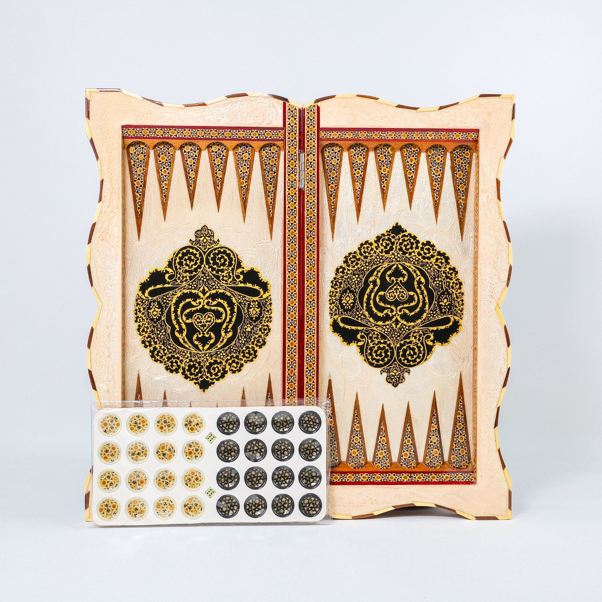 Backgammon & Chess Board - Full Khatam - Size 50 - Wavy Edge - Polo Scene - Siyah Qalam Style - 02 - Meraas Gallery