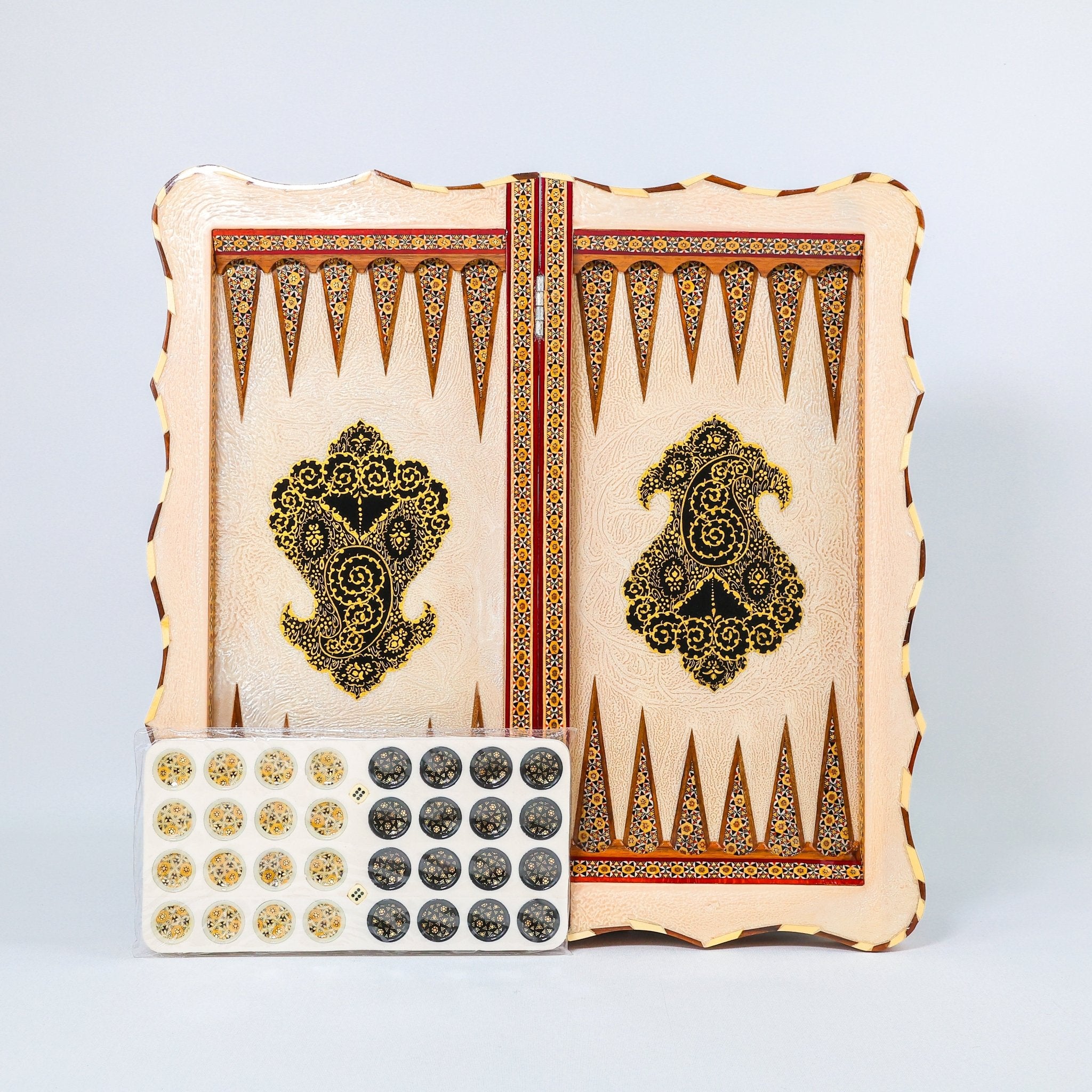 Backgammon & Chess Board - Full Khatam - Size 50 - Wavy Edge - Polo Scene - Siyah Qalam Style - 03 - Meraas Gallery