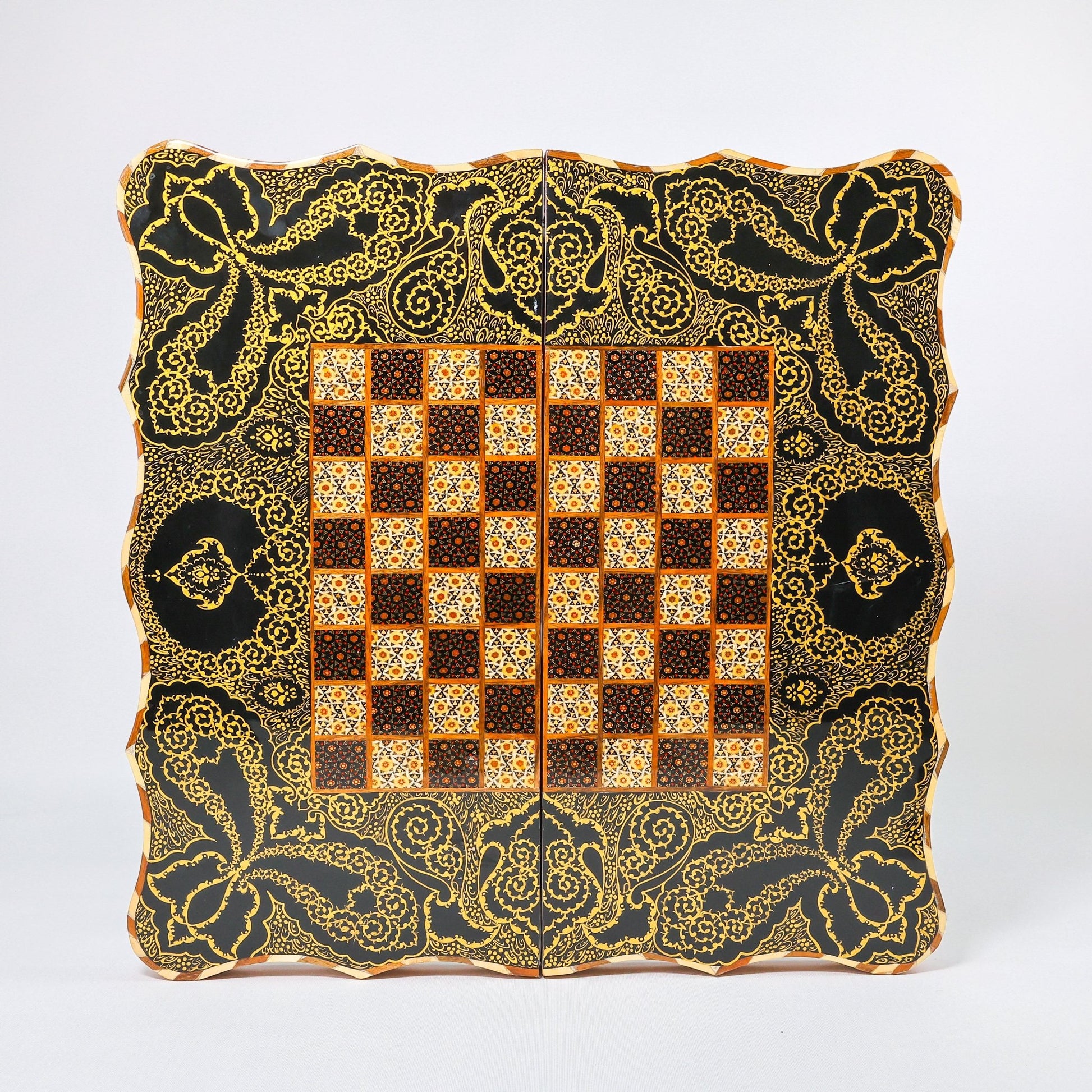 Backgammon & Chess Board - Full Khatam - Size 50 - Wavy Edge - Polo Scene - Siyah Qalam Style - 03 - Meraas Gallery