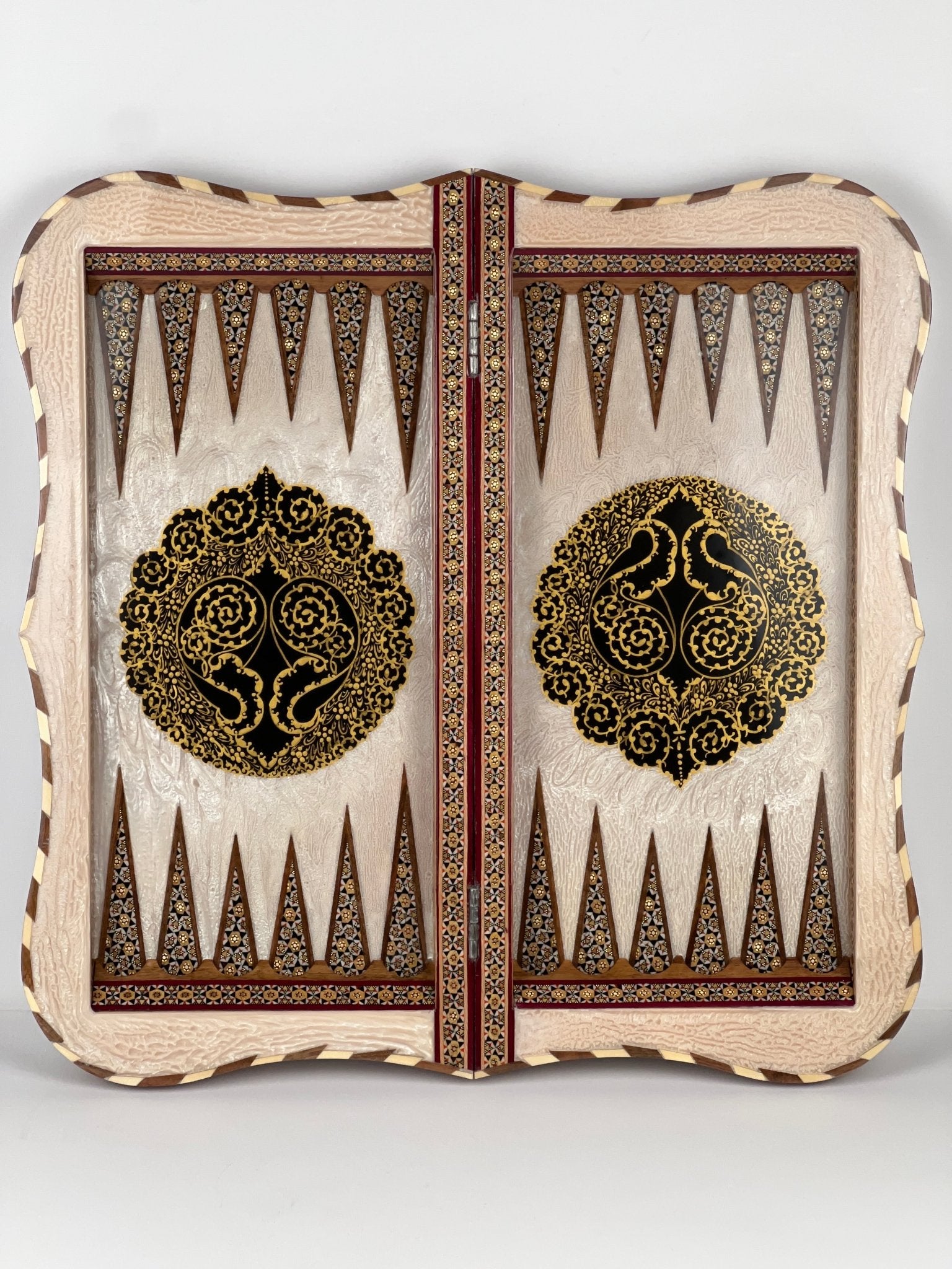 Backgammon & Chess Board - Full Khatam - Size 50 - Wavy Edge - Polo Scene - Siyah Qalam Style - 01 - Meraas Gallery