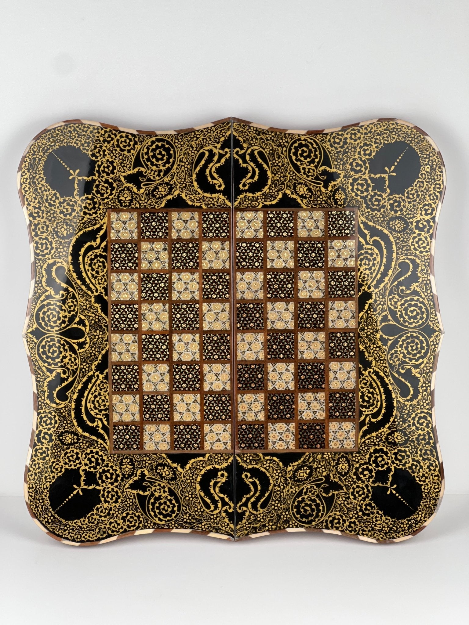 Backgammon & Chess Board - Full Khatam - Size 50 - Wavy Edge - Polo Scene - Siyah Qalam Style - 01 - Meraas Gallery