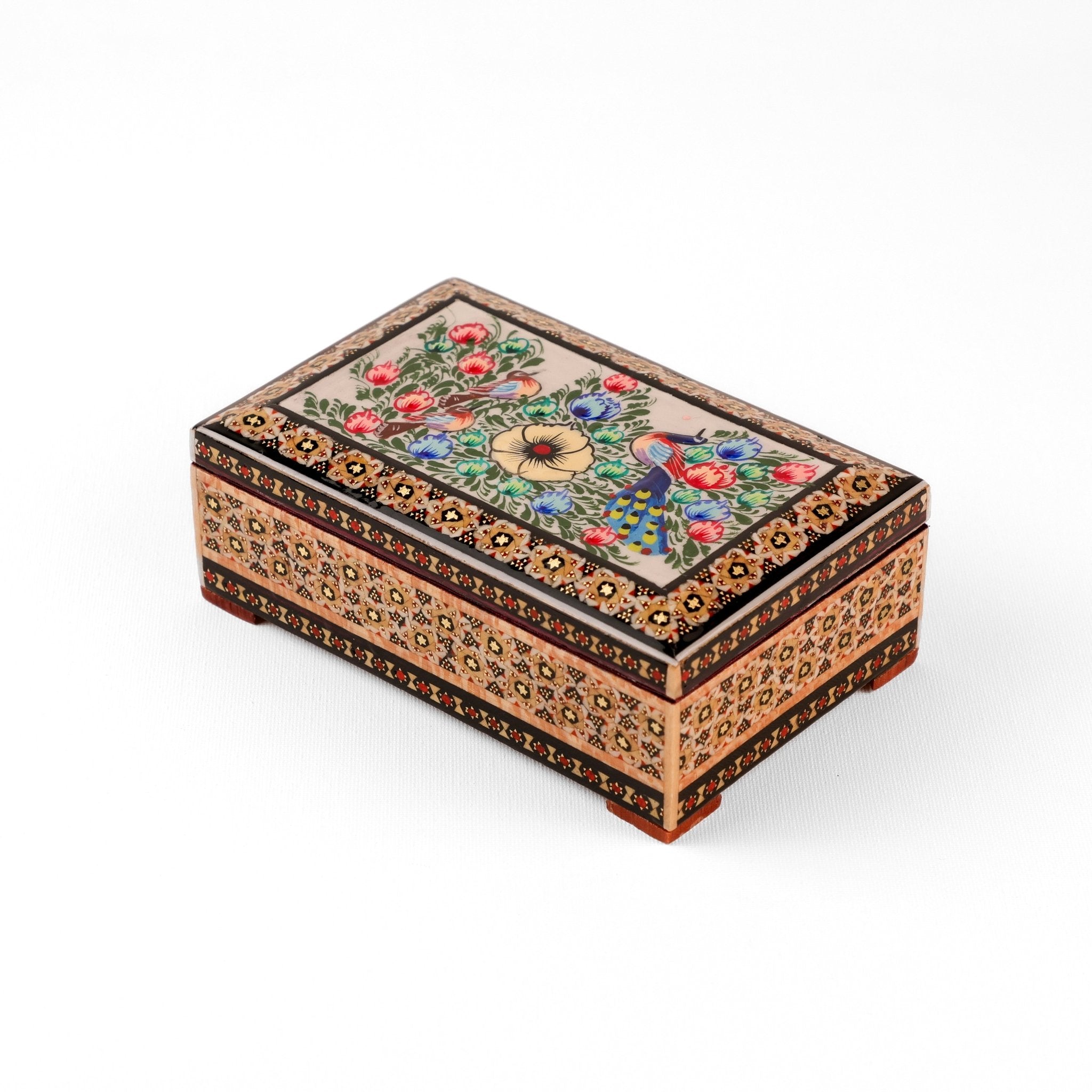 Jewelry Box - Small - Wooden Khatam with Hand - Painted Flower & Bird Lid - Meraas Gallery