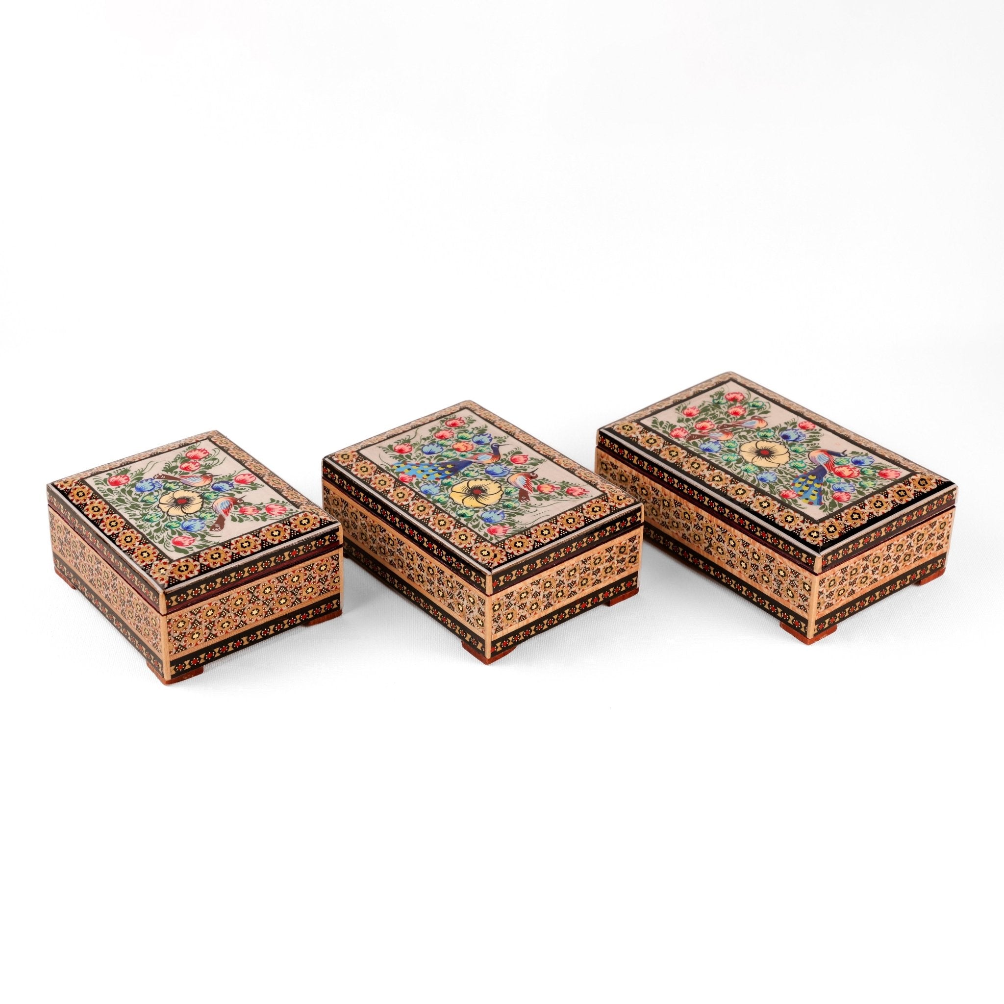 Jewelry Box - Small - Wooden Khatam with Hand - Painted Flower & Bird Lid - Meraas Gallery