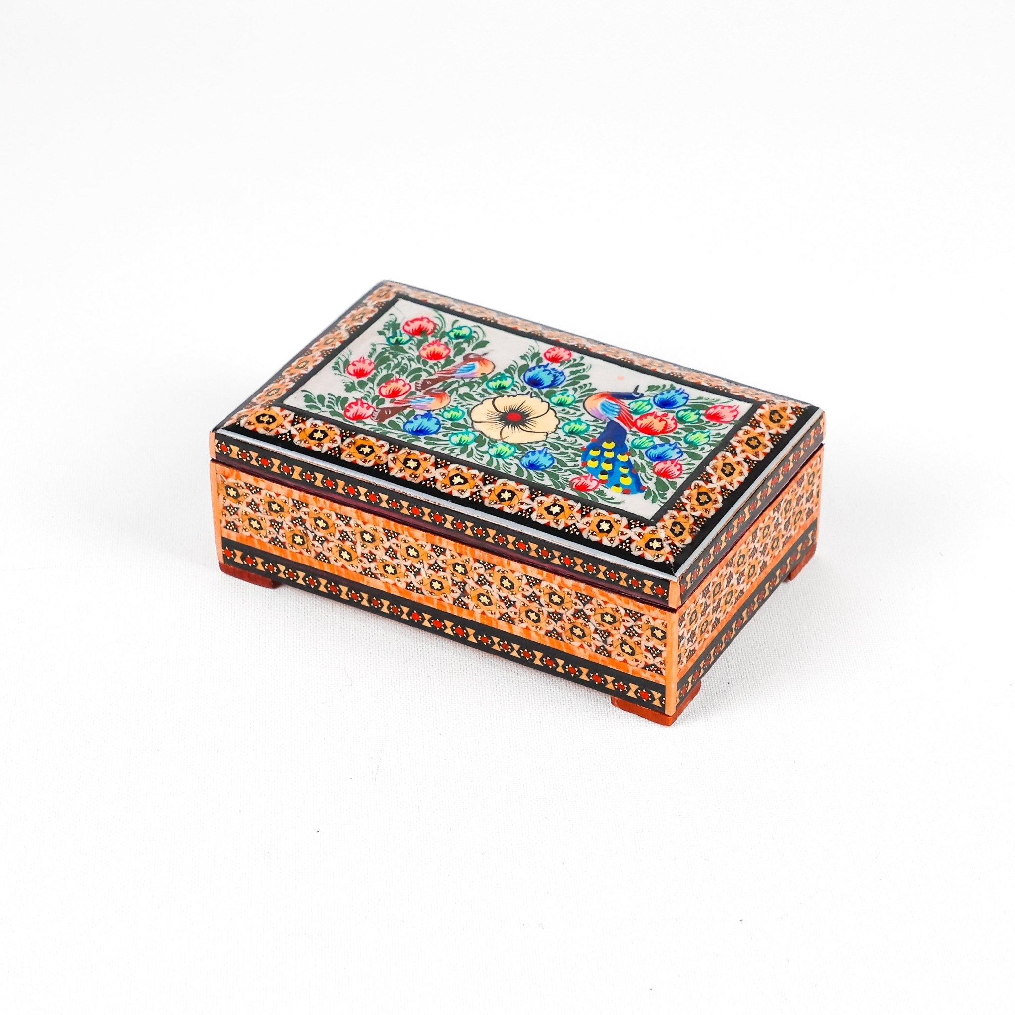 Jewelry Box - Large - Wooden Khatam with Hand - Painted Flower & Bird Lid - Meraas Gallery