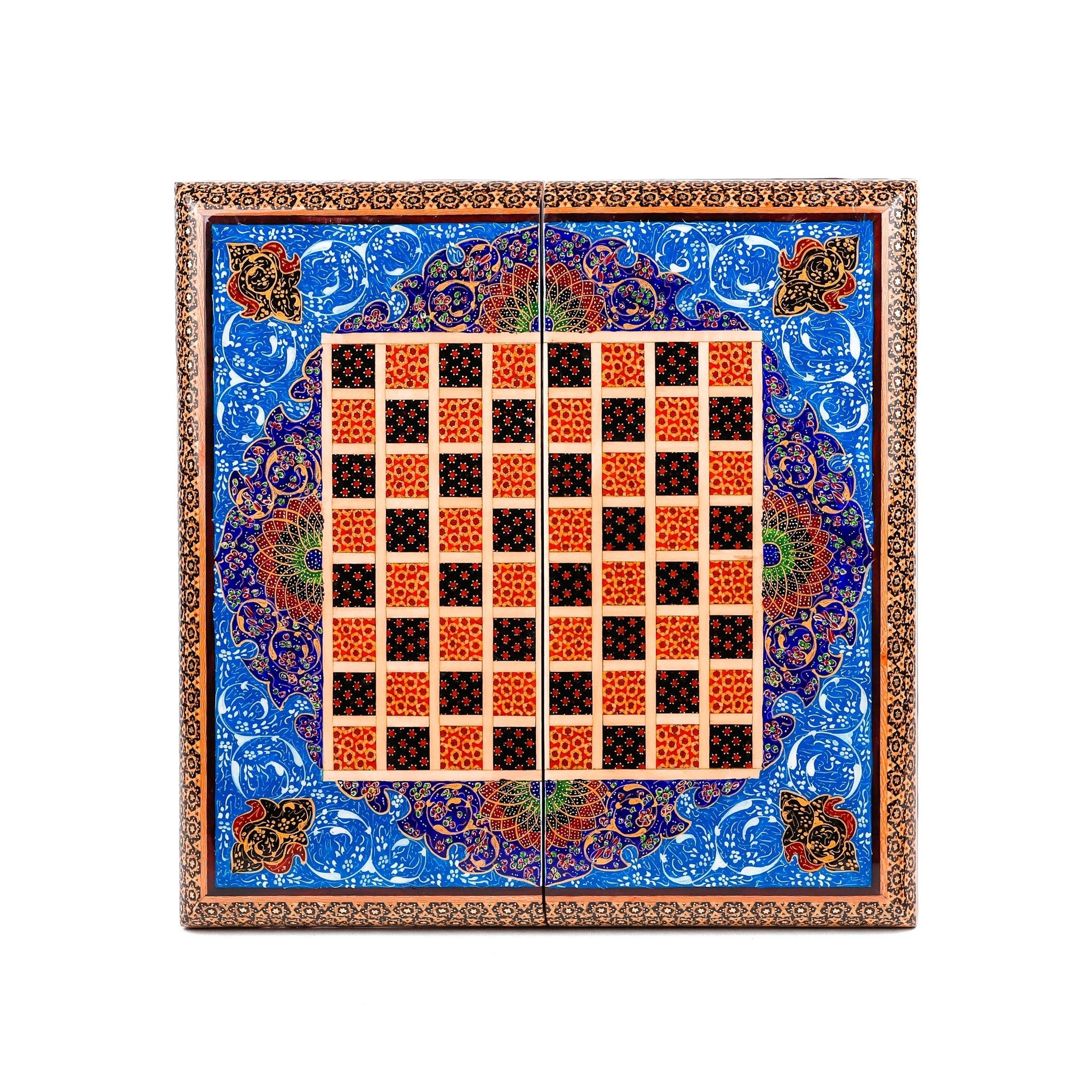 Backgammon & Chess Board - Size 35 - Inner Beech - Hand - Painted Khatam - Without Case - 02 - Meraas Gallery