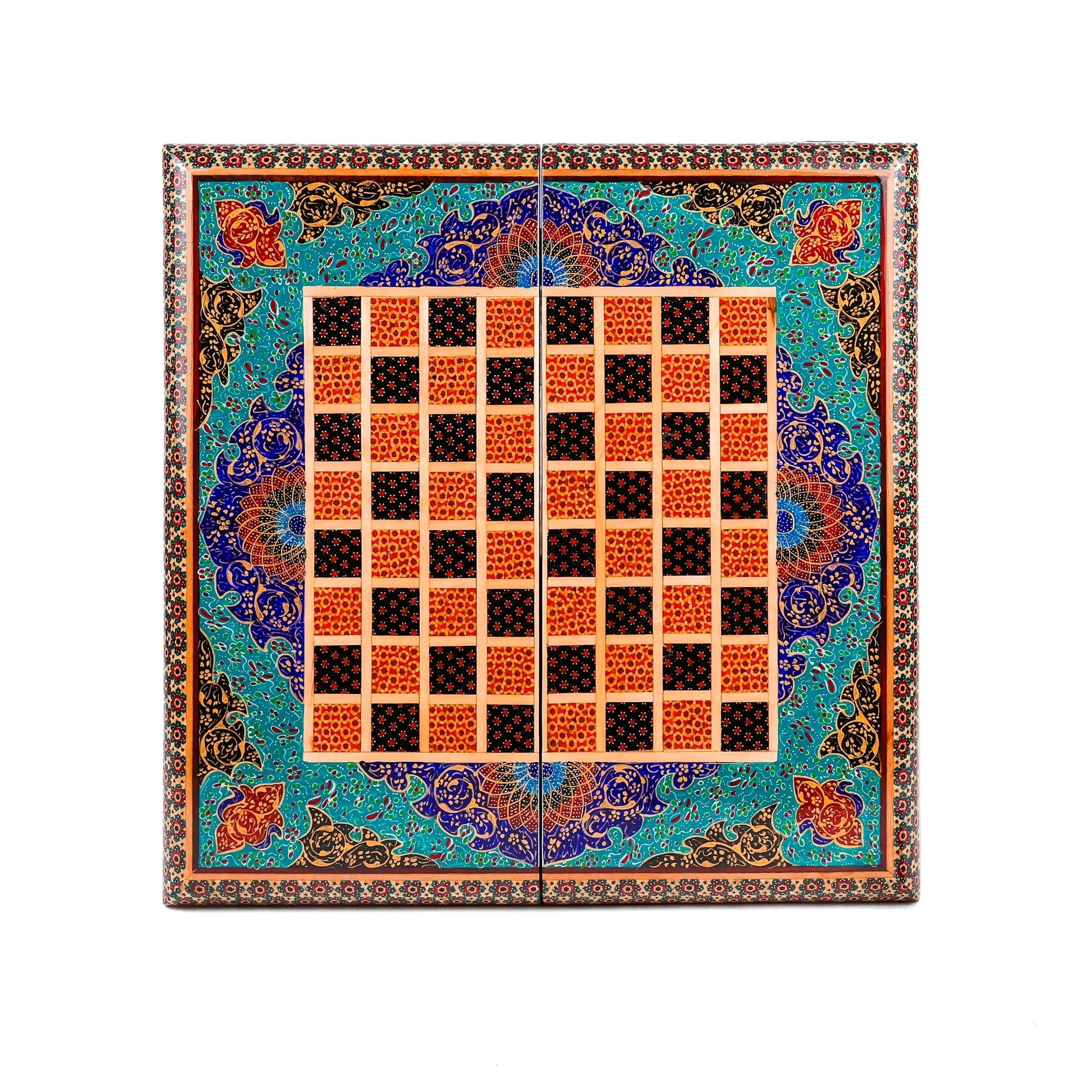 Backgammon & Chess Board - Size 35 - Inner Beech - Hand - Painted Khatam - Without Case - 08 - Meraas Gallery