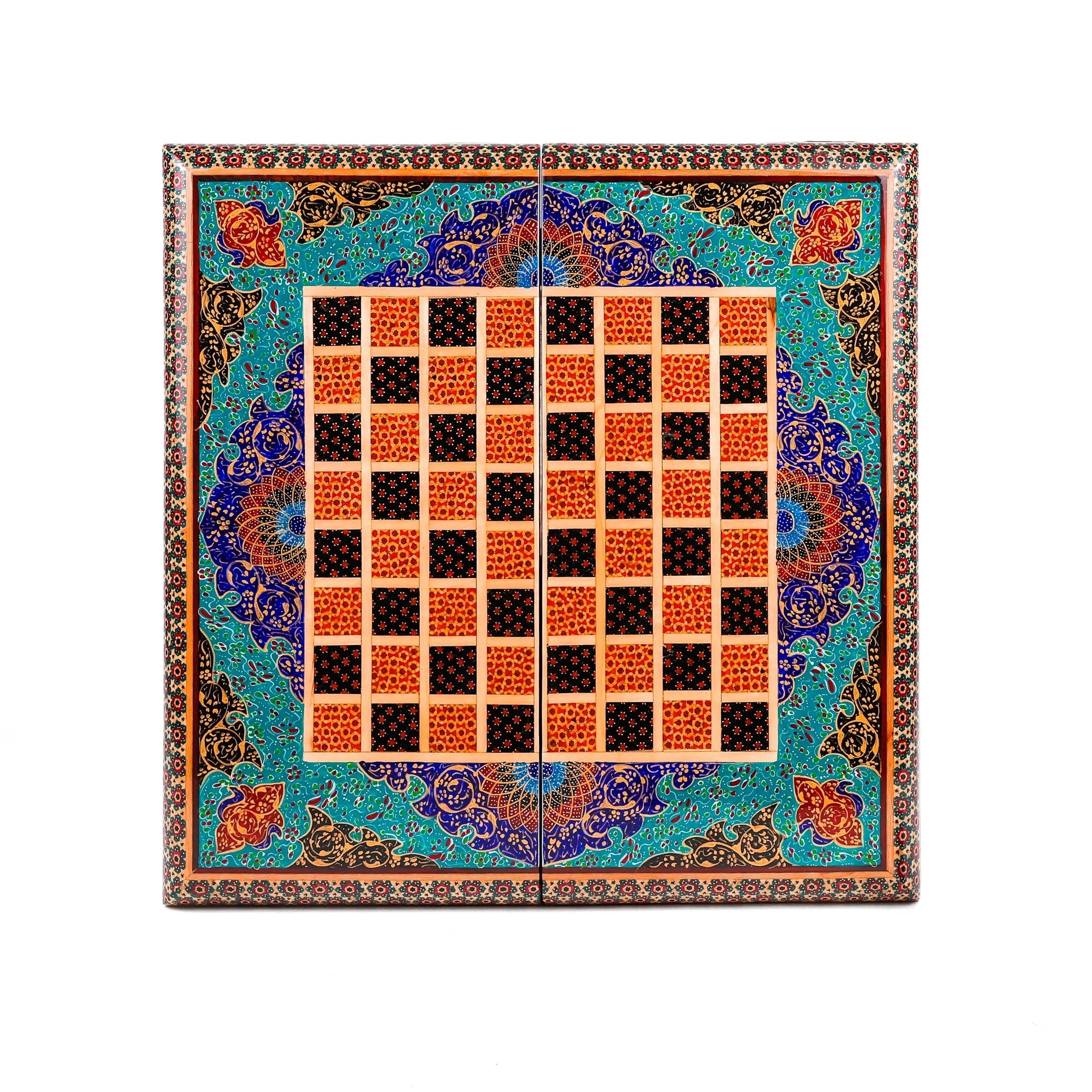 Backgammon & Chess Board - Size 35 - Inner Beech - Hand - Painted Khatam - Without Case - 08 - Meraas Gallery