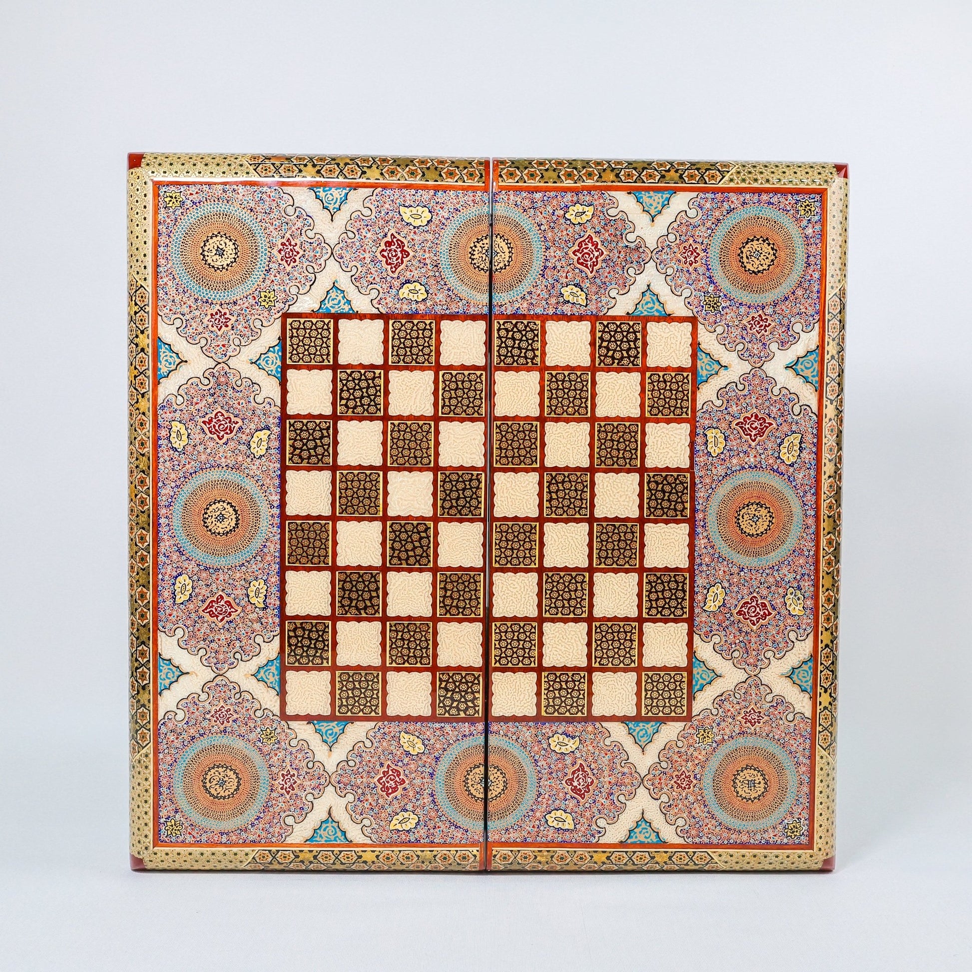 Backgammon & Chess Board - Size 50 - Round Edge - Premium - Mother - of - Pearl - Tazhib Lid - Meraas Gallery