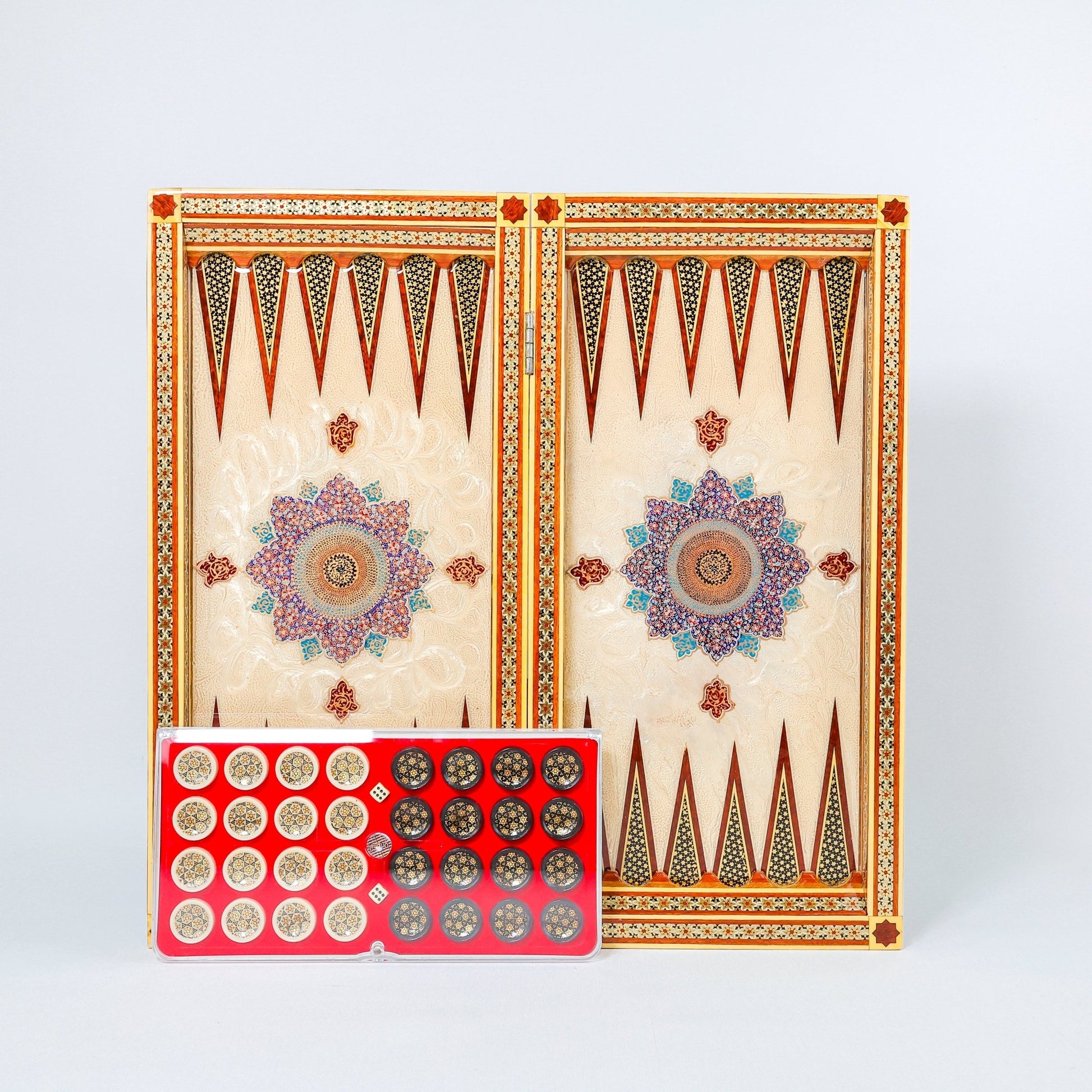 Backgammon & Chess Board - Size 50 - Round Edge - Premium - Mother - of - Pearl - Tazhib Lid - Meraas Gallery