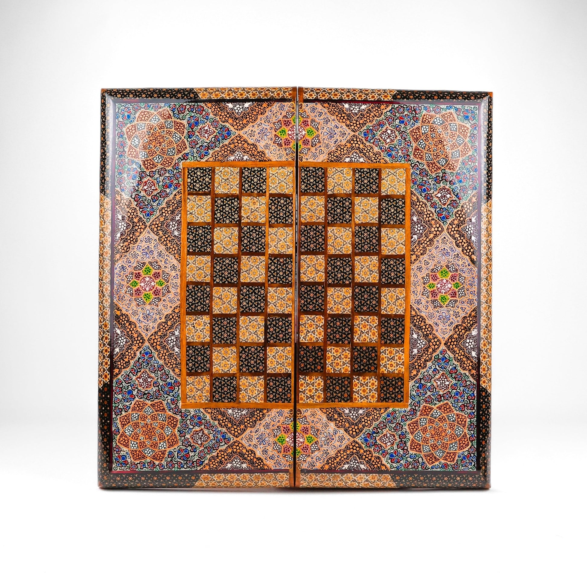 Backgammon & Chess Board - Size 50 - Premium Round Edge - Mother - of - Pearl with Tazhib Lid - 04 - Meraas Gallery