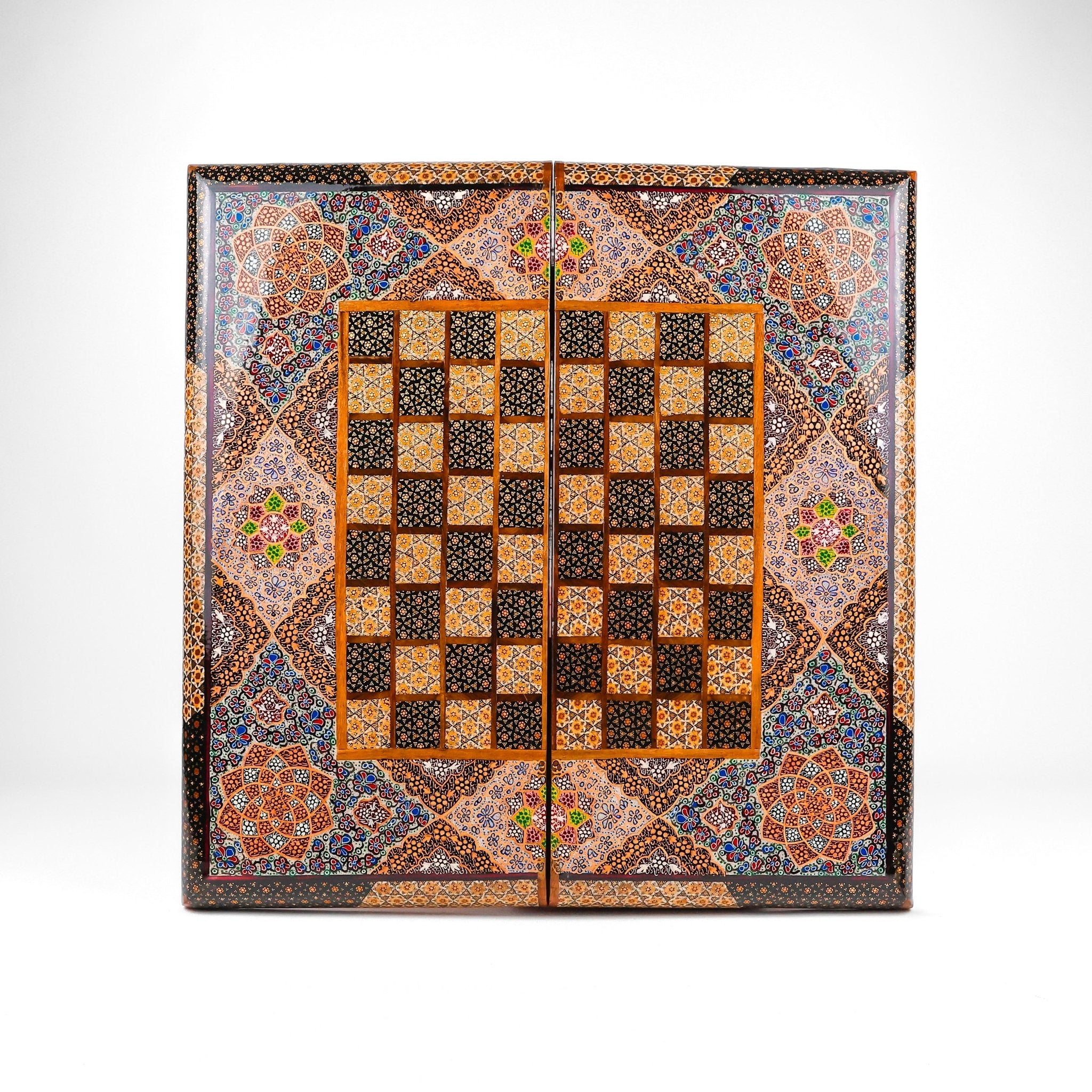 Backgammon & Chess Board - Size 50 - Premium Round Edge - Mother - of - Pearl with Tazhib Lid - 04 - Meraas Gallery