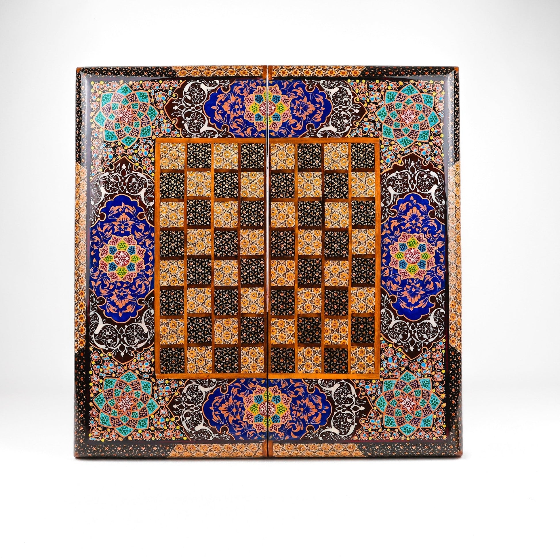 Backgammon & Chess Board - Size 50 - Premium Round Edge - Mother - of - Pearl with Tazhib Lid - 05 - Meraas Gallery