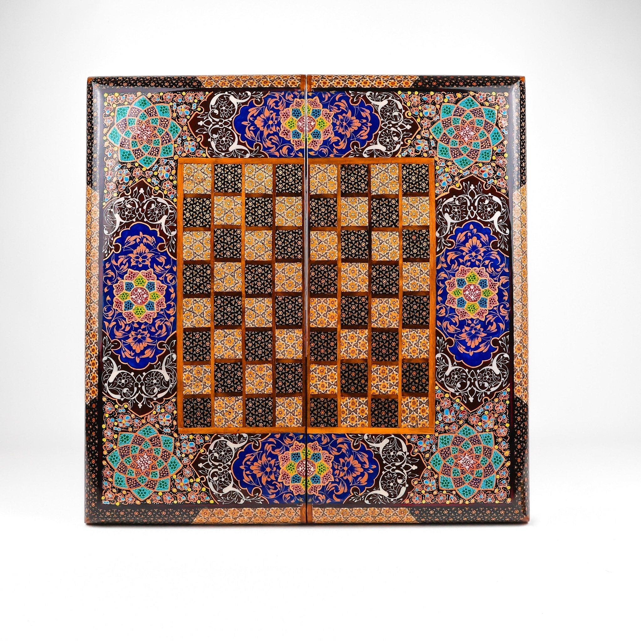 Backgammon & Chess Board - Size 50 - Premium Round Edge - Mother - of - Pearl with Tazhib Lid - 05 - Meraas Gallery