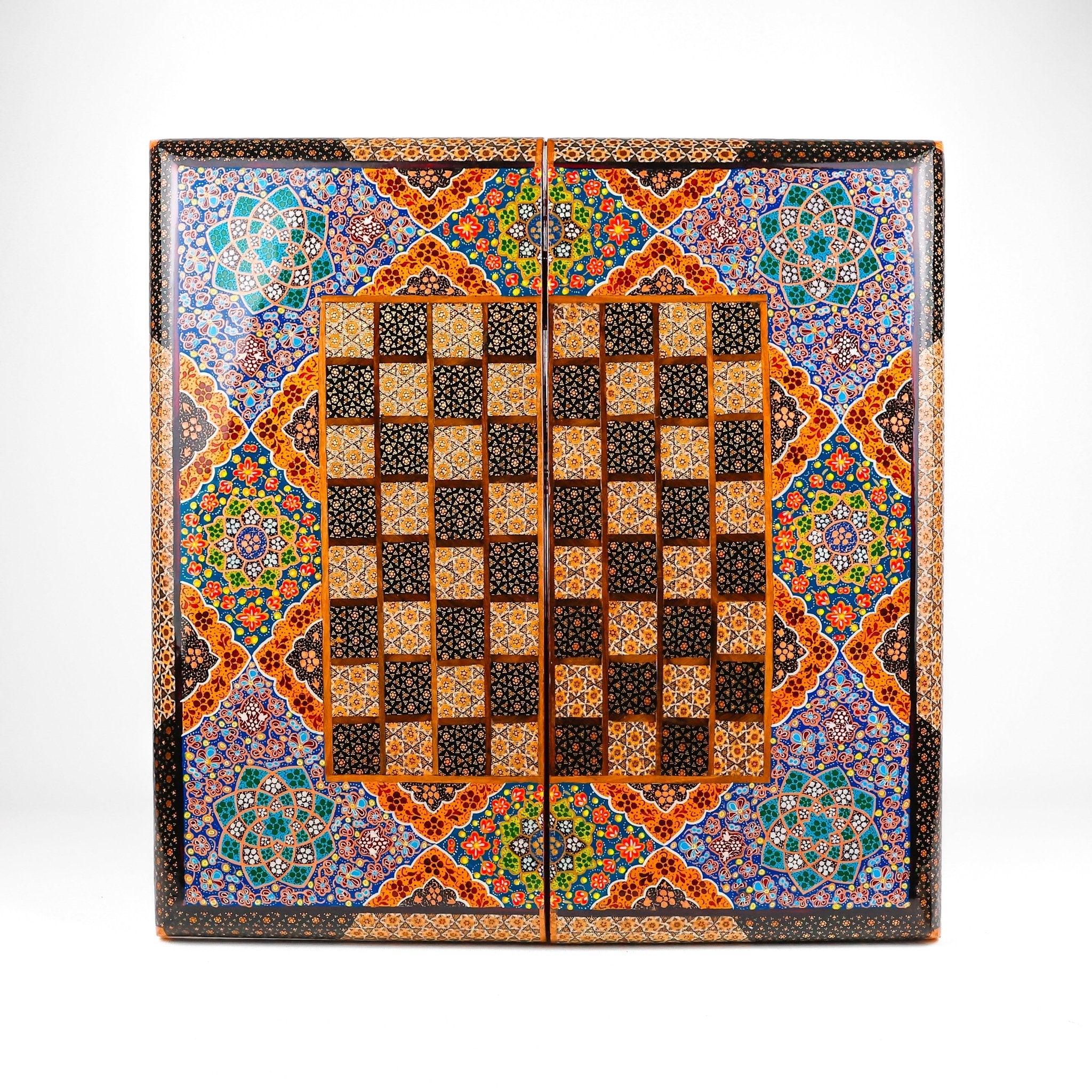 Backgammon & Chess Board - Size 50 - Premium Round Edge - Mother - of - Pearl with Tazhib Lid - 08 - Meraas Gallery