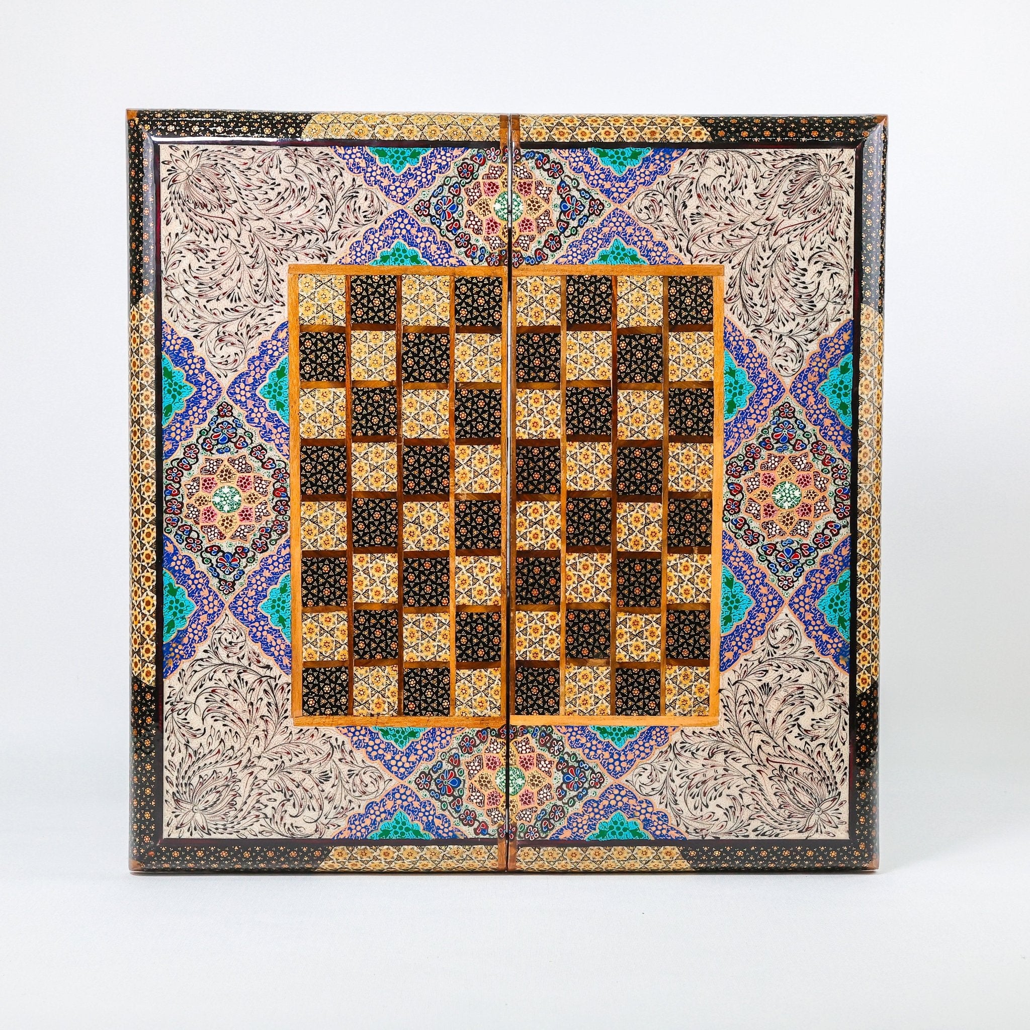 Backgammon & Chess Board - Size 50 - Premium Round Edge - Mother - of - Pearl with Tazhib Lid - 09 - Meraas Gallery